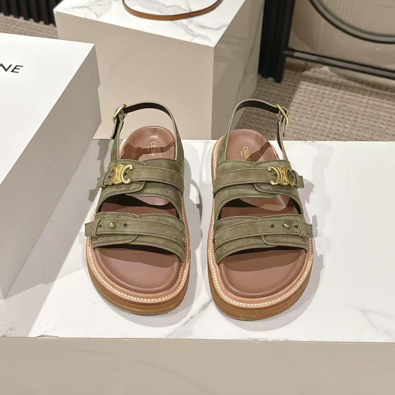 CELINE 25S TIPPI TRIOMPHE SANDAL IN DARK OLIVE CALFSKIN SUEDE - 35