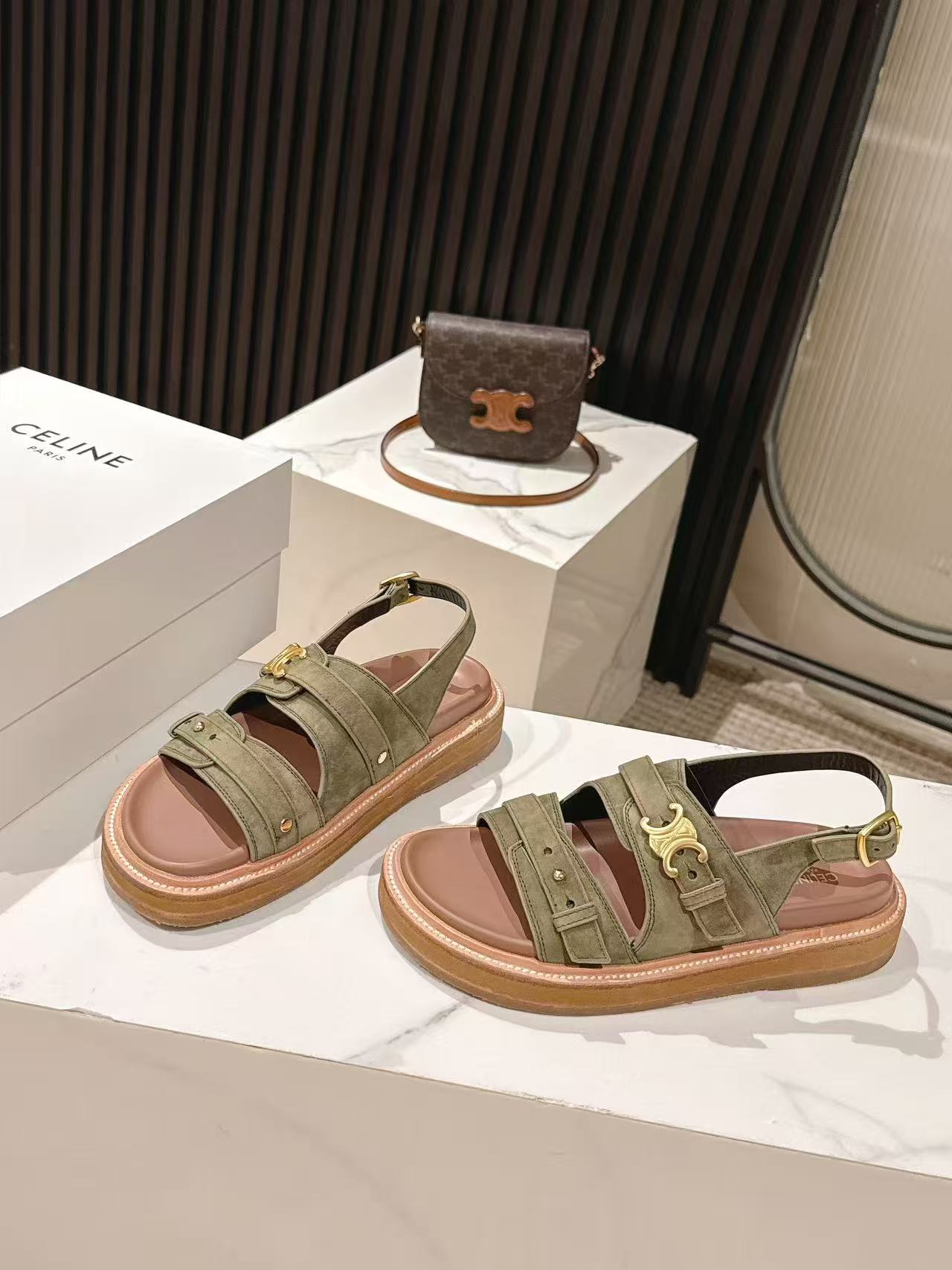 CELINE 25S TIPPI TRIOMPHE SANDAL IN DARK OLIVE CALFSKIN SUEDE - 35