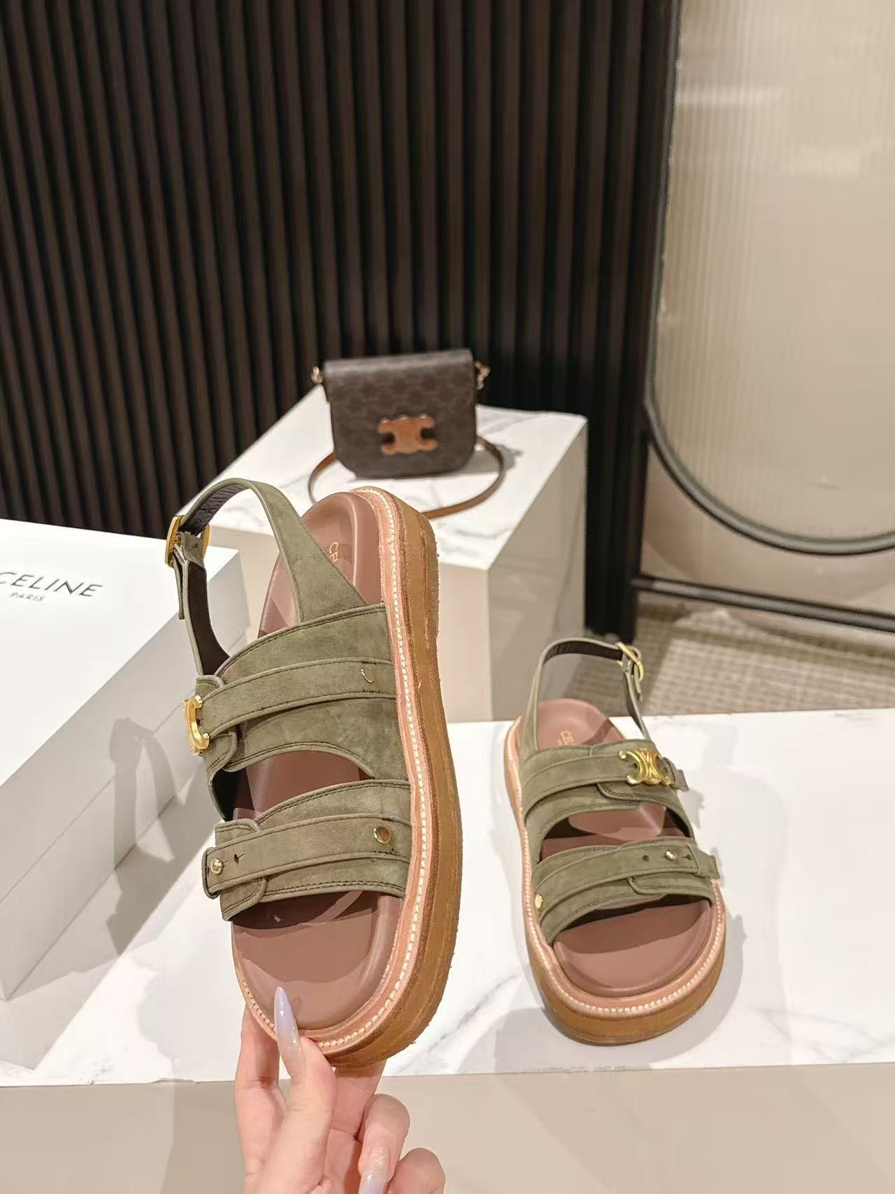 CELINE 25S TIPPI TRIOMPHE SANDAL IN DARK OLIVE CALFSKIN SUEDE - 35
