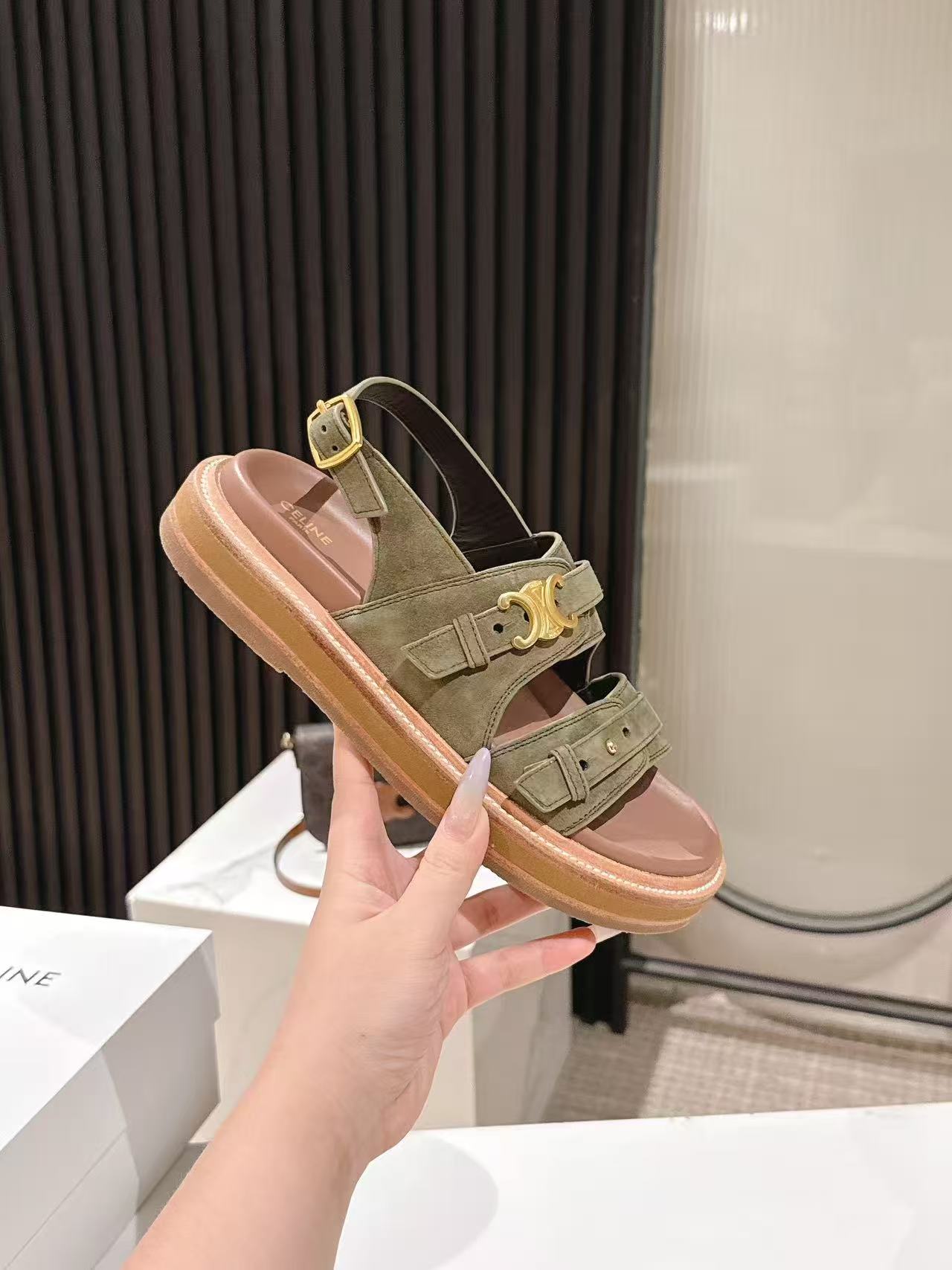 CELINE 25S TIPPI TRIOMPHE SANDAL IN DARK OLIVE CALFSKIN SUEDE - 35