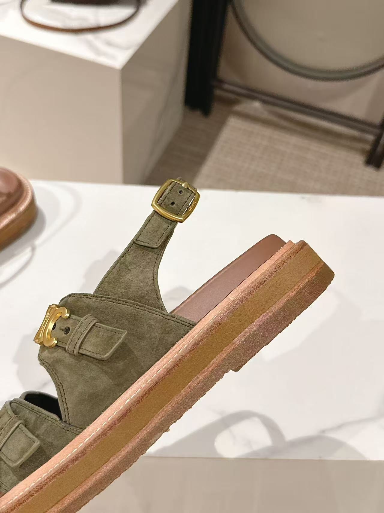 CELINE 25S TIPPI TRIOMPHE SANDAL IN DARK OLIVE CALFSKIN SUEDE - 35