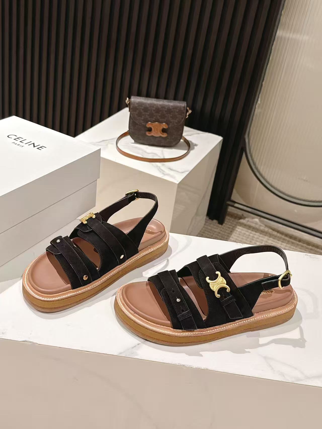 CELINE 25S TIPPI TRIOMPHE SANDAL IN BLACK CALFSKIN SUEDE - 35