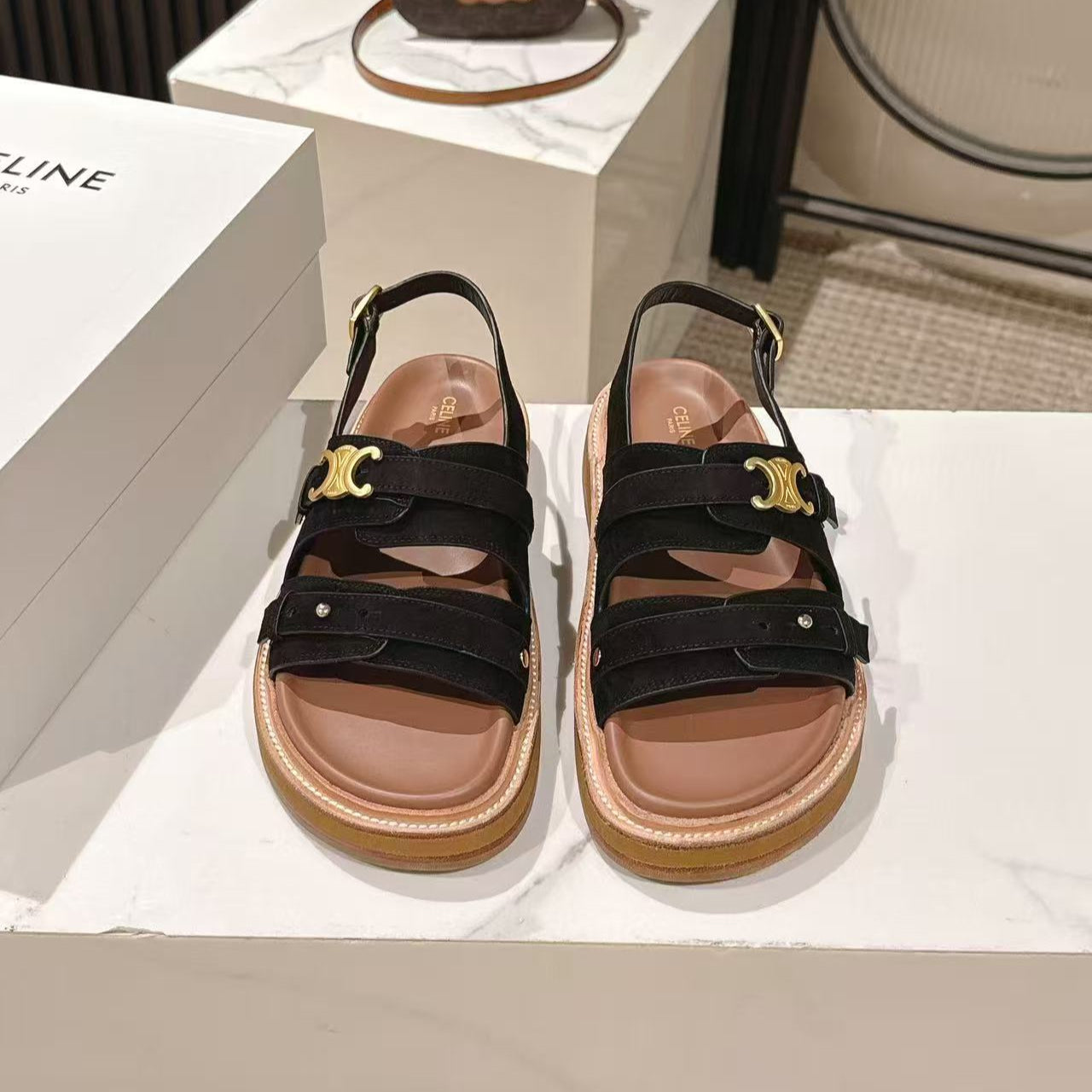 CELINE 25S TIPPI TRIOMPHE SANDAL IN BLACK CALFSKIN SUEDE - 35