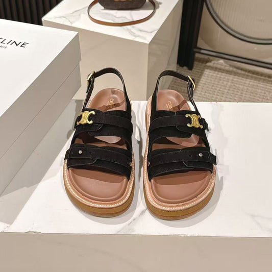 CELINE 25S TIPPI TRIOMPHE SANDAL IN BLACK CALFSKIN SUEDE - 35