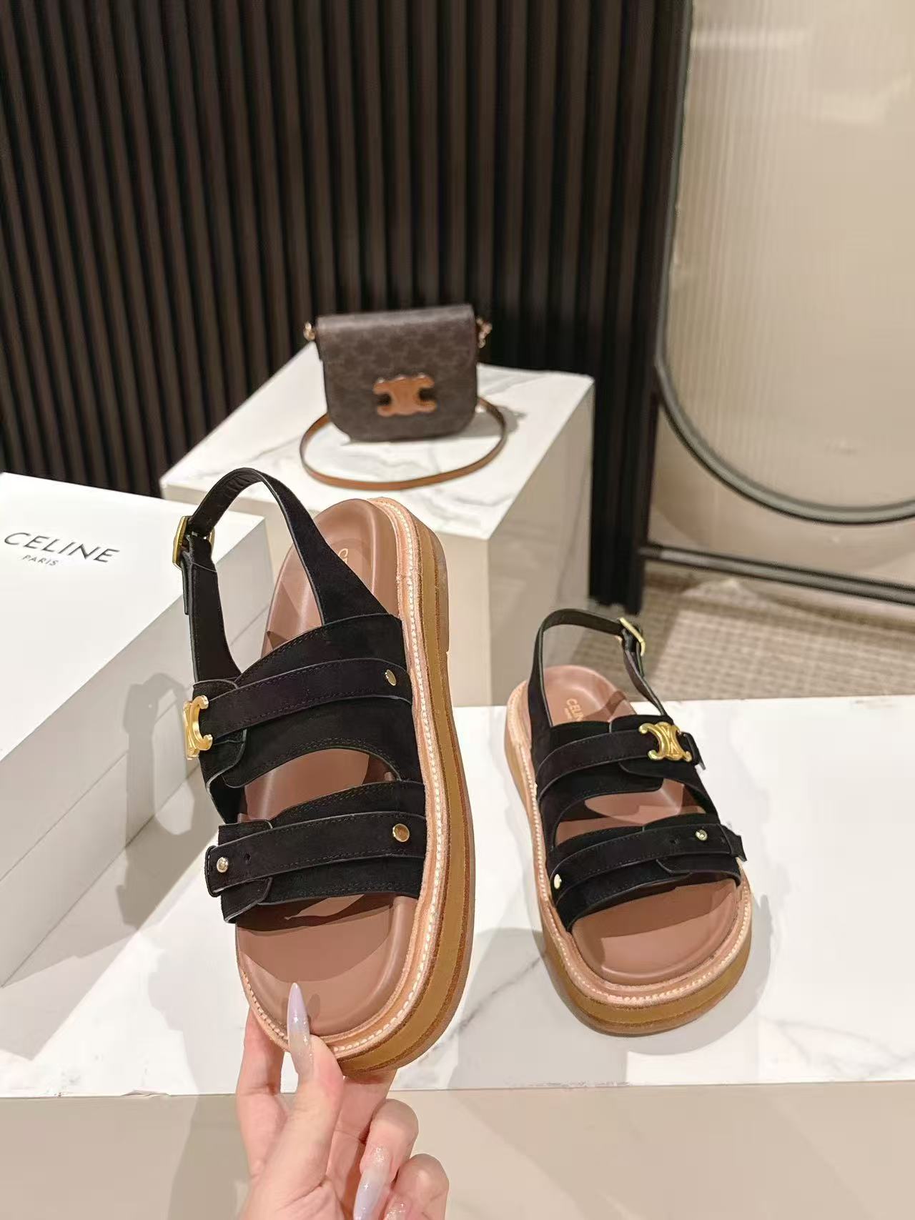 CELINE 25S TIPPI TRIOMPHE SANDAL IN BLACK CALFSKIN SUEDE - 35