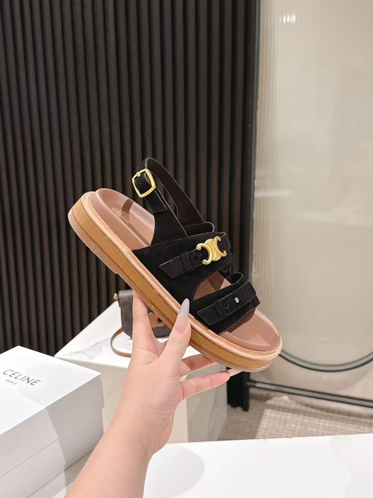 CELINE 25S TIPPI TRIOMPHE SANDAL IN BLACK CALFSKIN SUEDE - 35