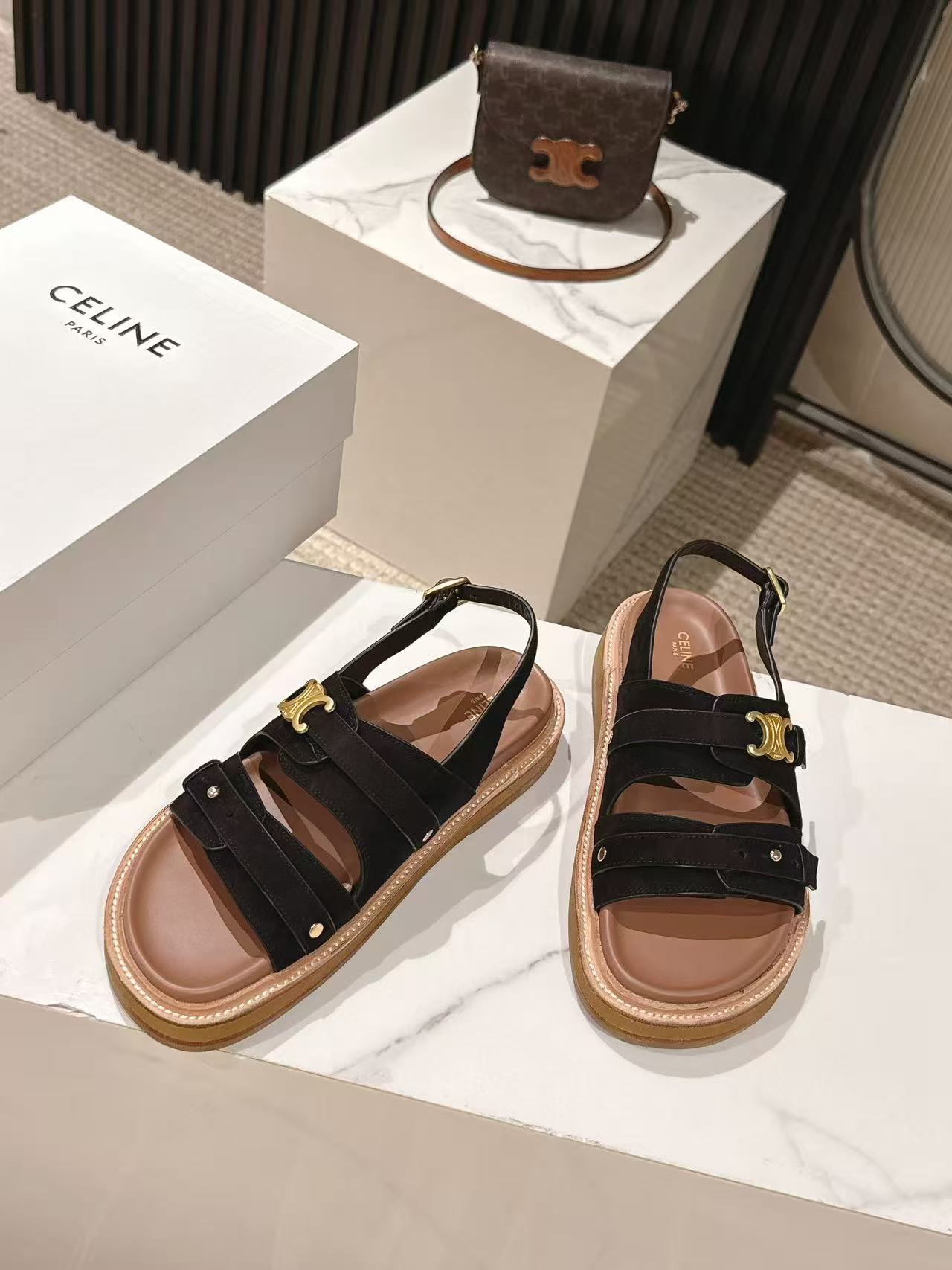 CELINE 25S TIPPI TRIOMPHE SANDAL IN BLACK CALFSKIN SUEDE - 35