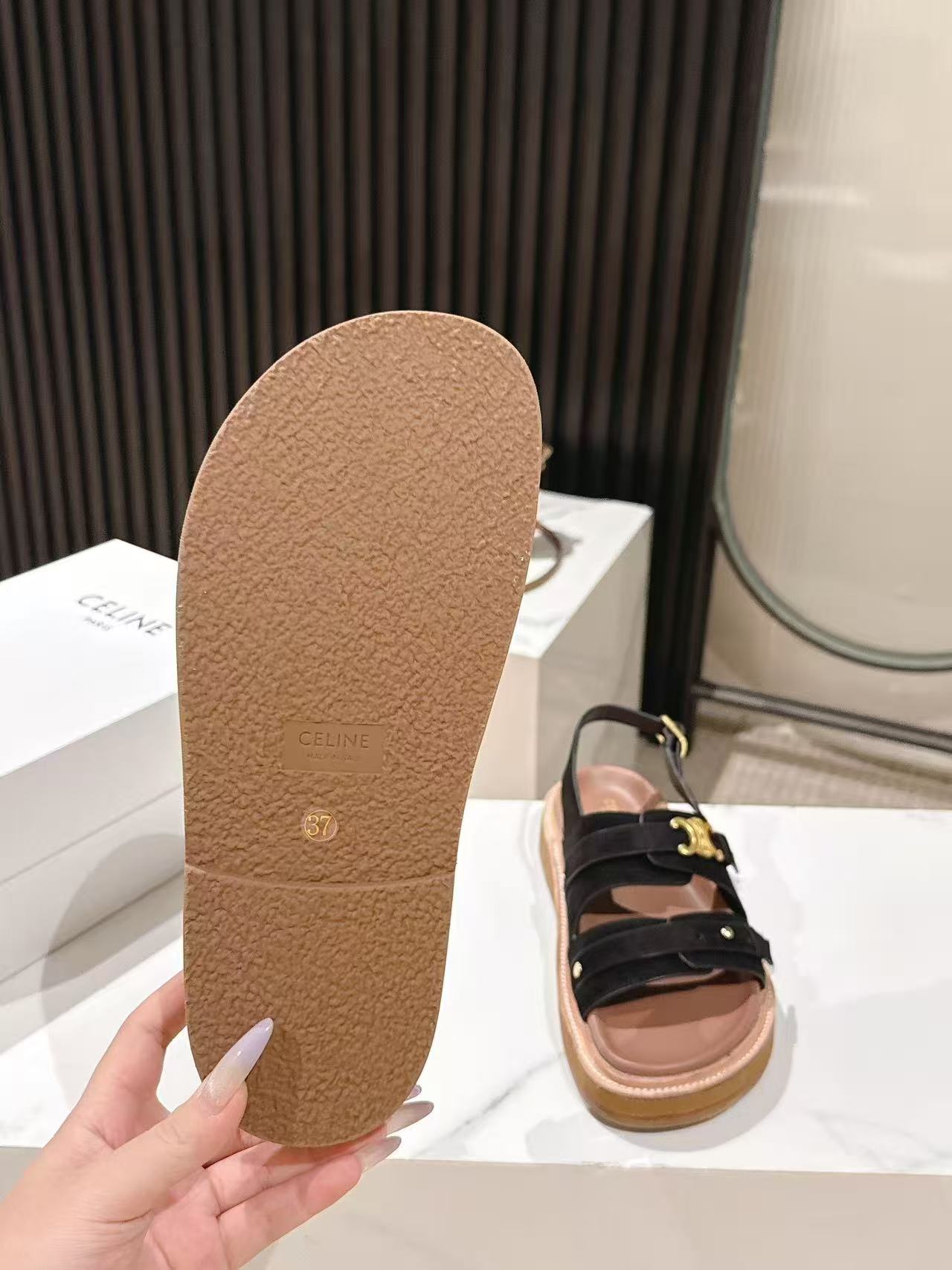 CELINE 25S TIPPI TRIOMPHE SANDAL IN BLACK CALFSKIN SUEDE - 35