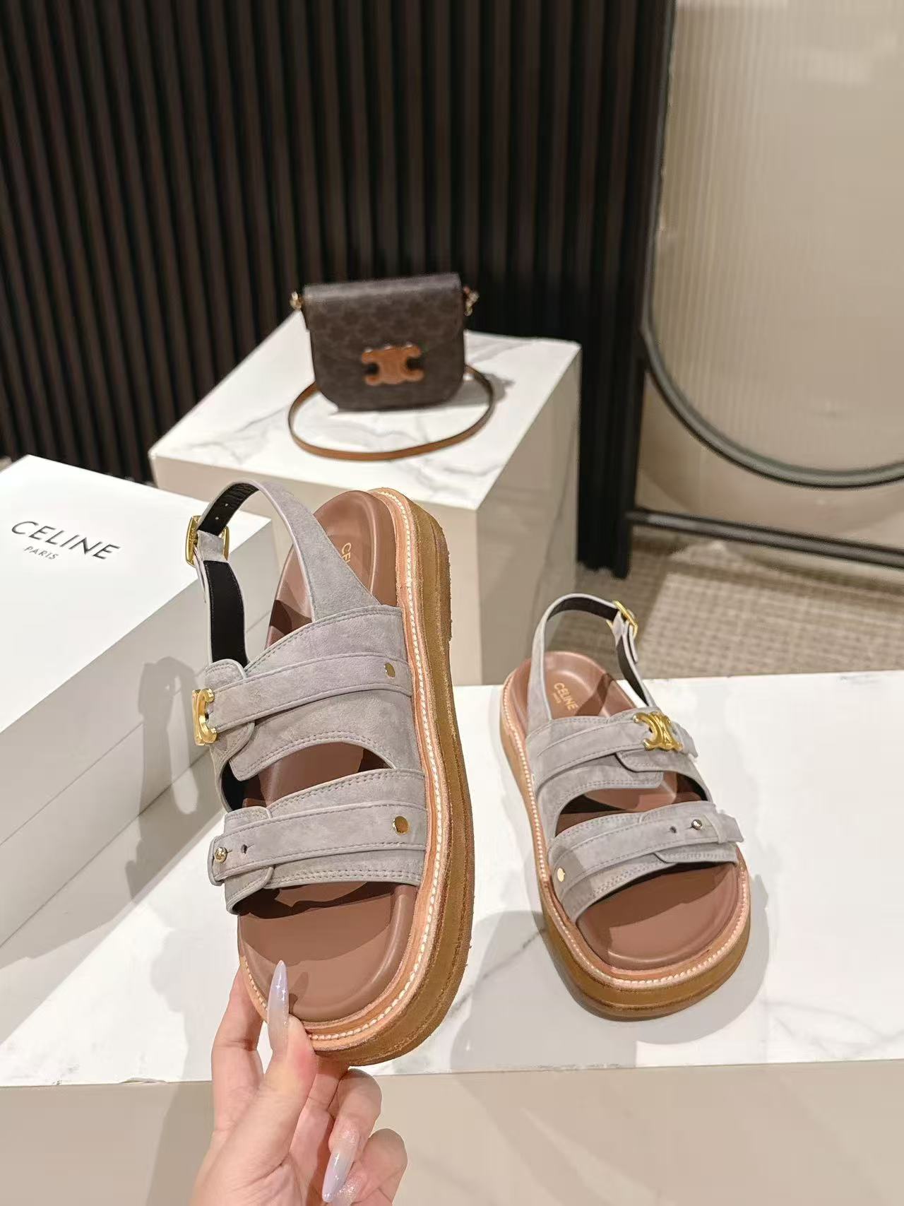 CELINE 25S TIPPI TRIOMPHE SANDAL IN LIGHT GRAY CALFSKIN SUEDE - 35