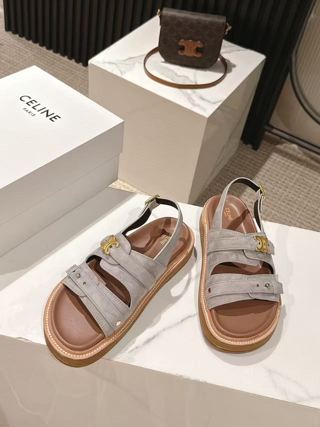 CELINE 25S TIPPI TRIOMPHE SANDAL IN LIGHT GRAY CALFSKIN SUEDE - 35