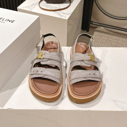 CELINE 25S TIPPI TRIOMPHE SANDAL IN LIGHT GRAY CALFSKIN SUEDE - 35