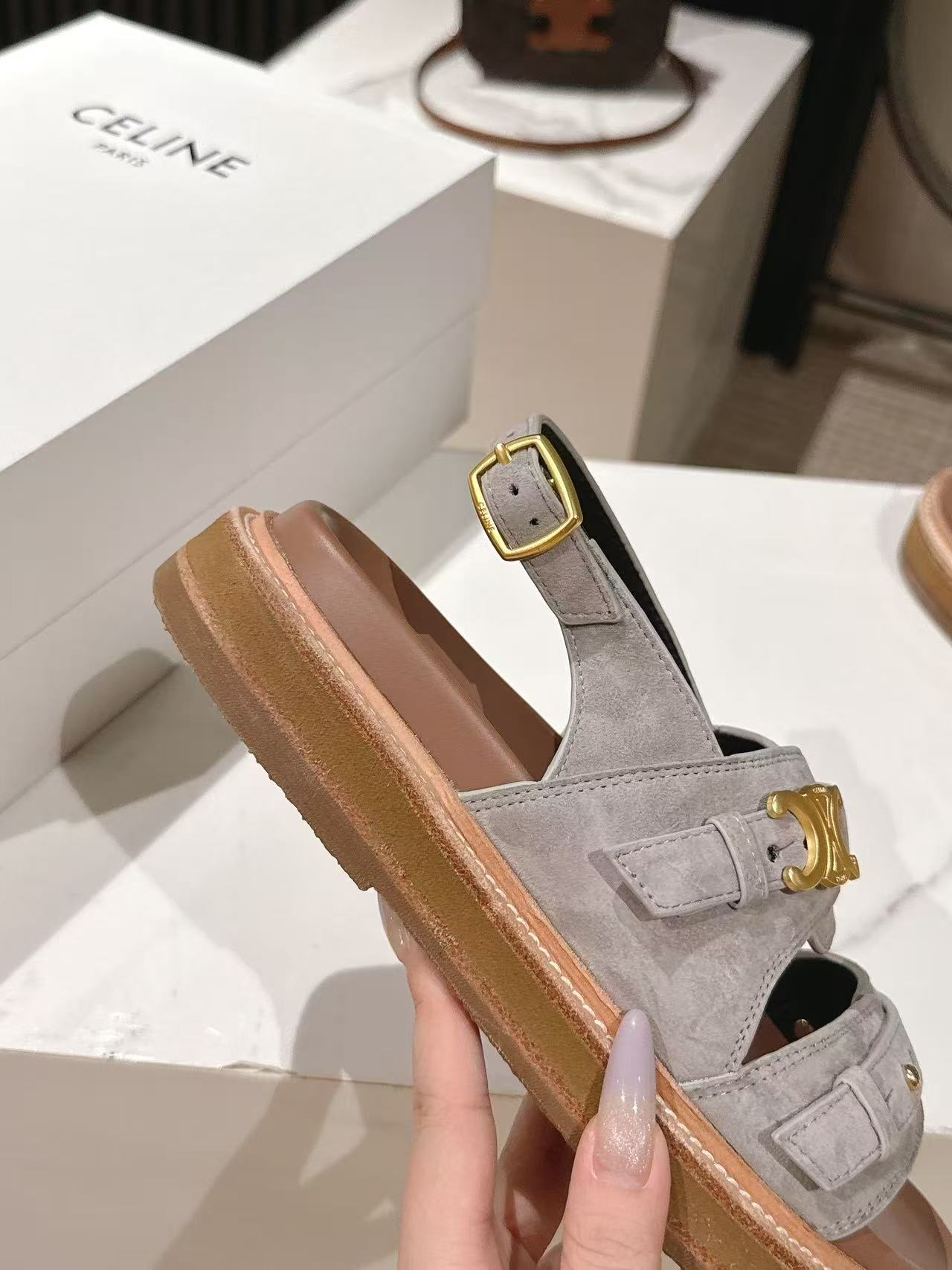 CELINE 25S TIPPI TRIOMPHE SANDAL IN LIGHT GRAY CALFSKIN SUEDE - 35