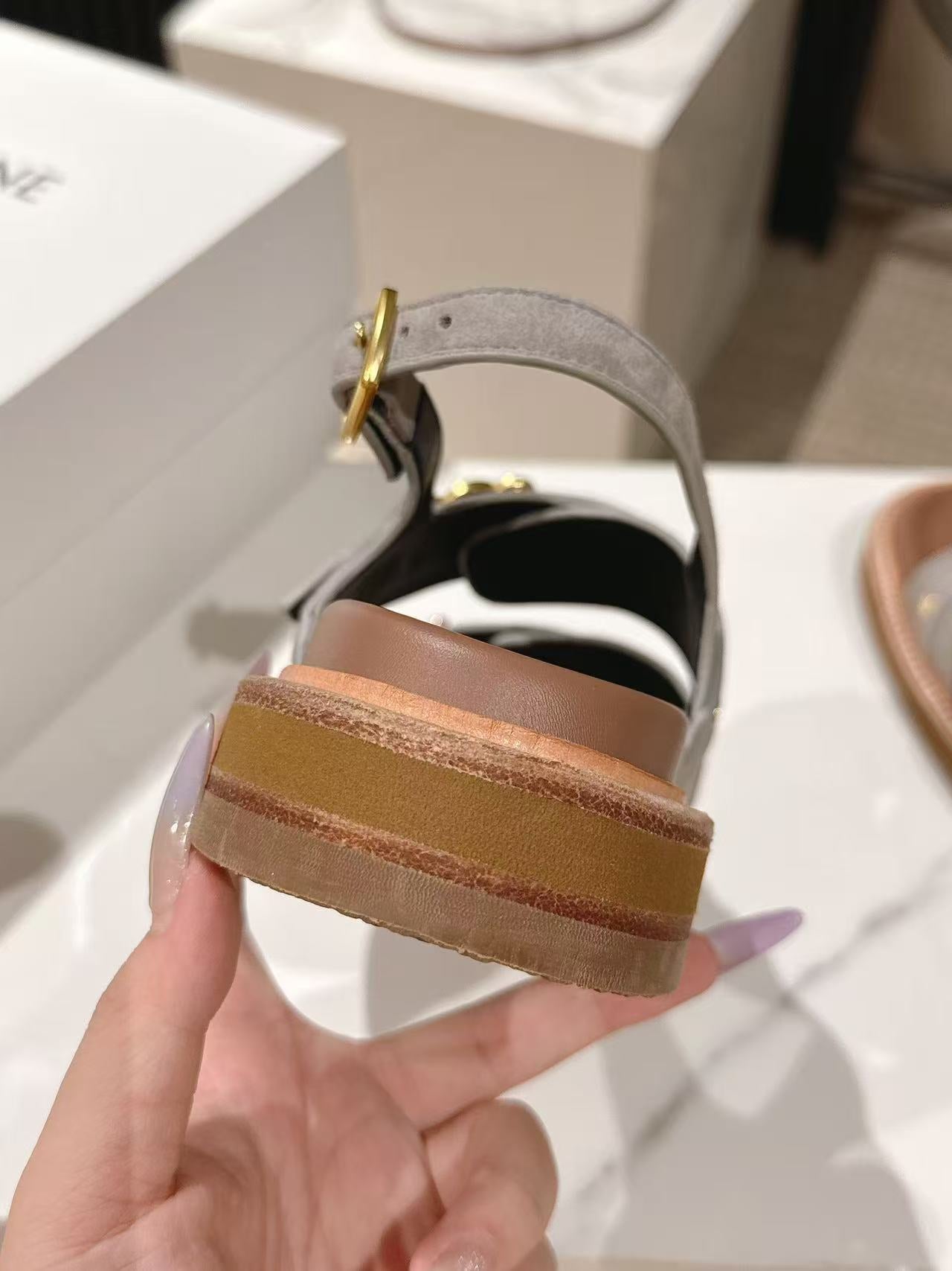 CELINE 25S TIPPI TRIOMPHE SANDAL IN LIGHT GRAY CALFSKIN SUEDE - 35