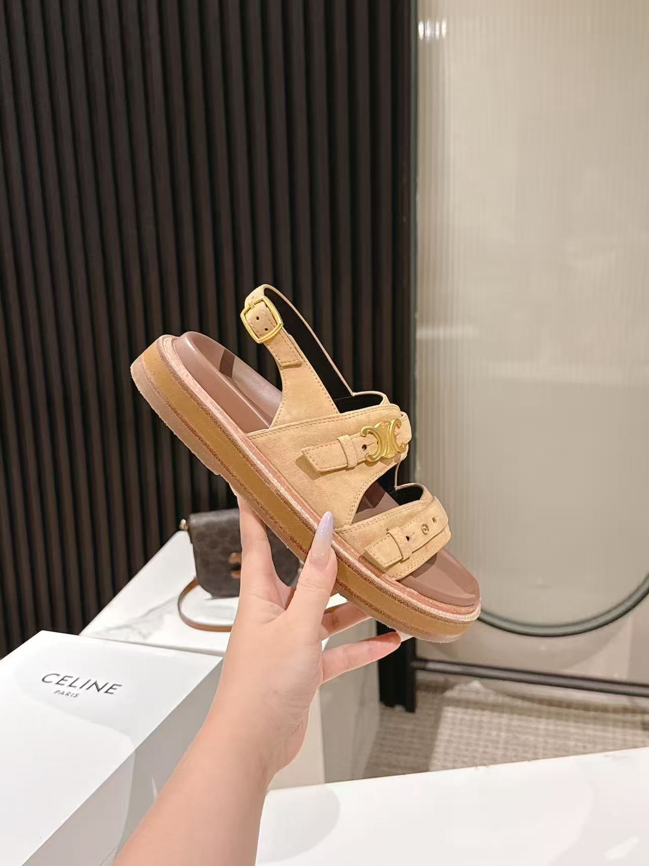 CELINE 25S TIPPI TRIOMPHE SANDAL IN LIGHT BROWN CALFSKIN SUEDE - 35