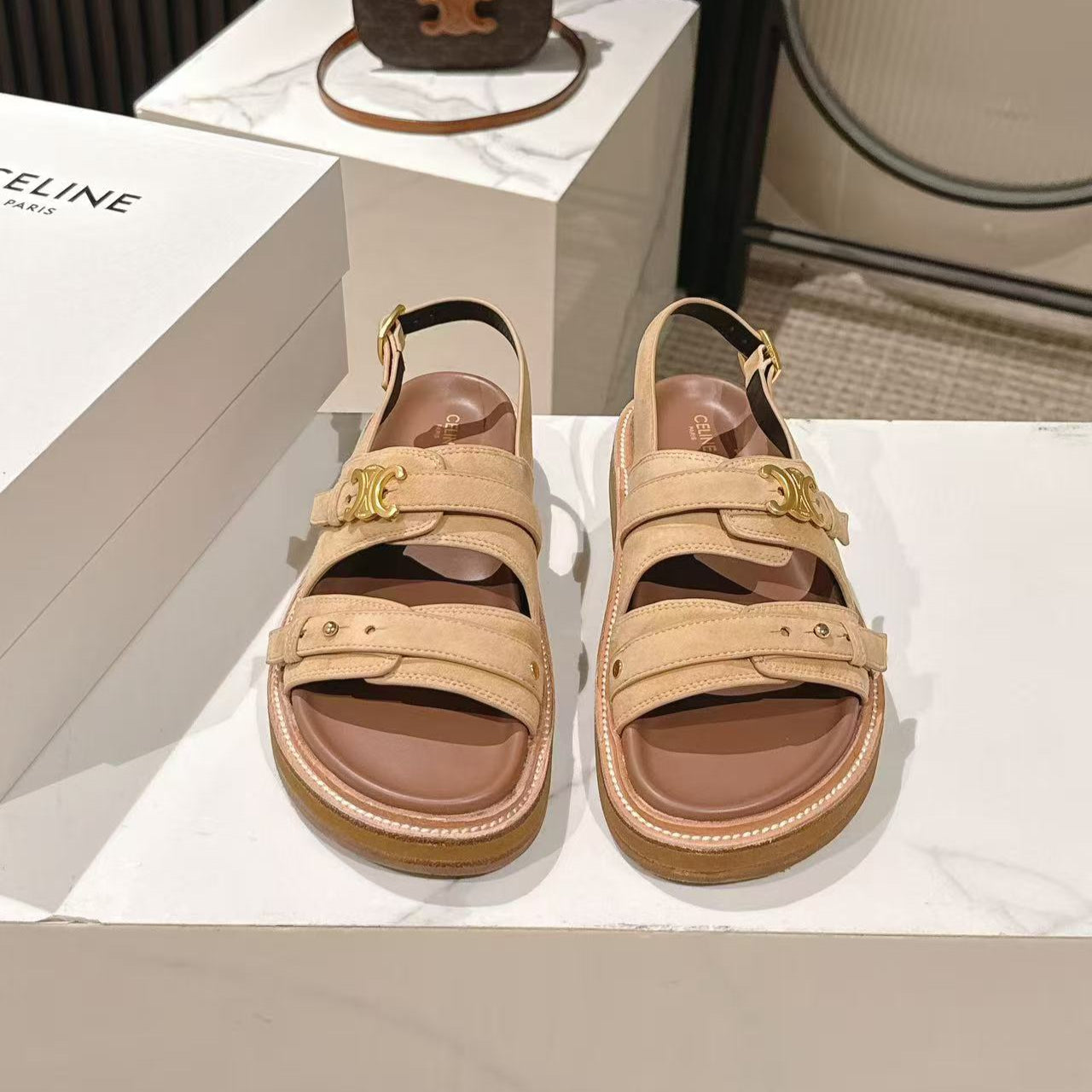 CELINE 25S TIPPI TRIOMPHE SANDAL IN LIGHT BROWN CALFSKIN SUEDE - 35