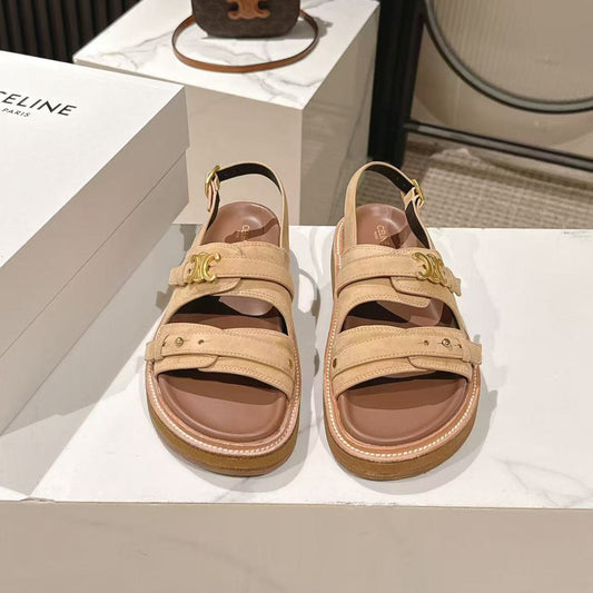 CELINE 25S TIPPI TRIOMPHE SANDAL IN LIGHT BROWN CALFSKIN SUEDE - 35