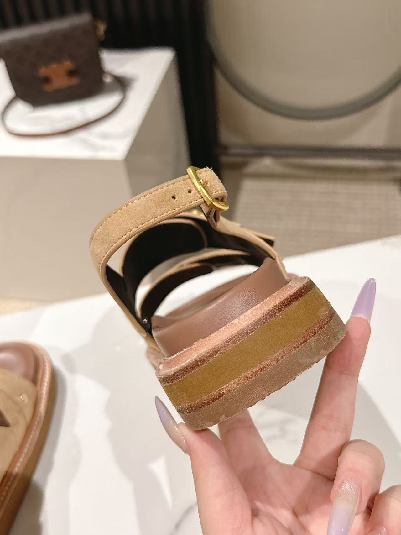 CELINE 25S TIPPI TRIOMPHE SANDAL IN LIGHT BROWN CALFSKIN SUEDE - 35