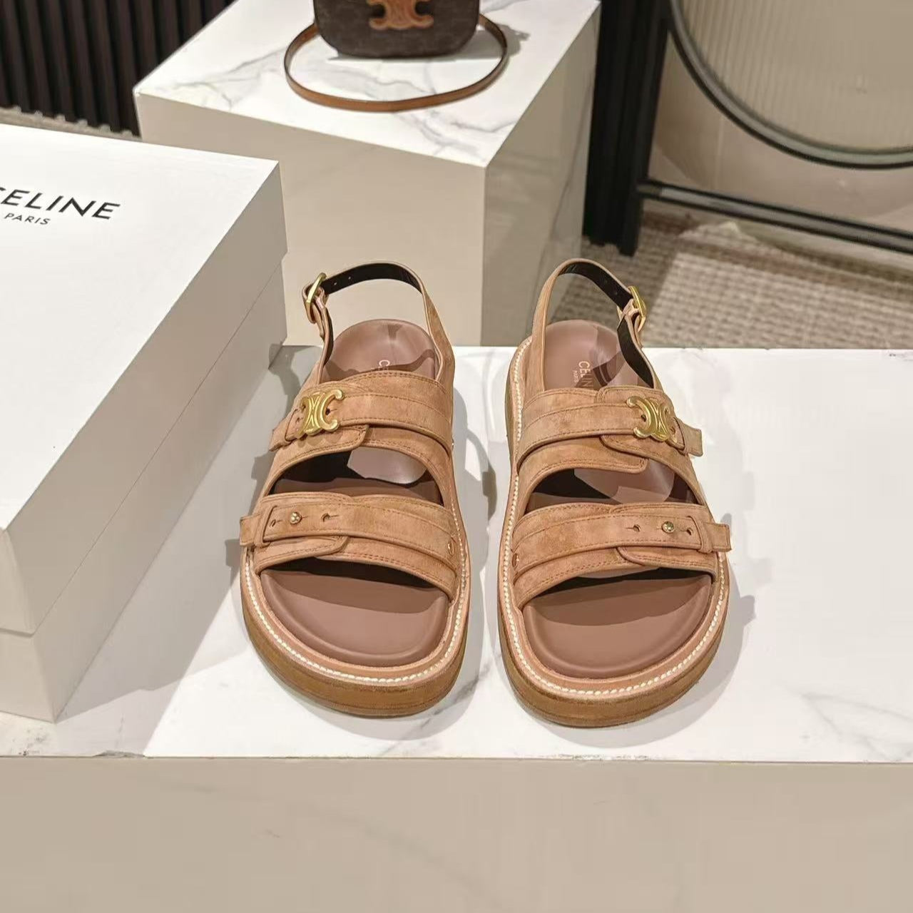 CELINE 25S TIPPI TRIOMPHE SANDAL IN BROWN CALFSKIN SUEDE - 35