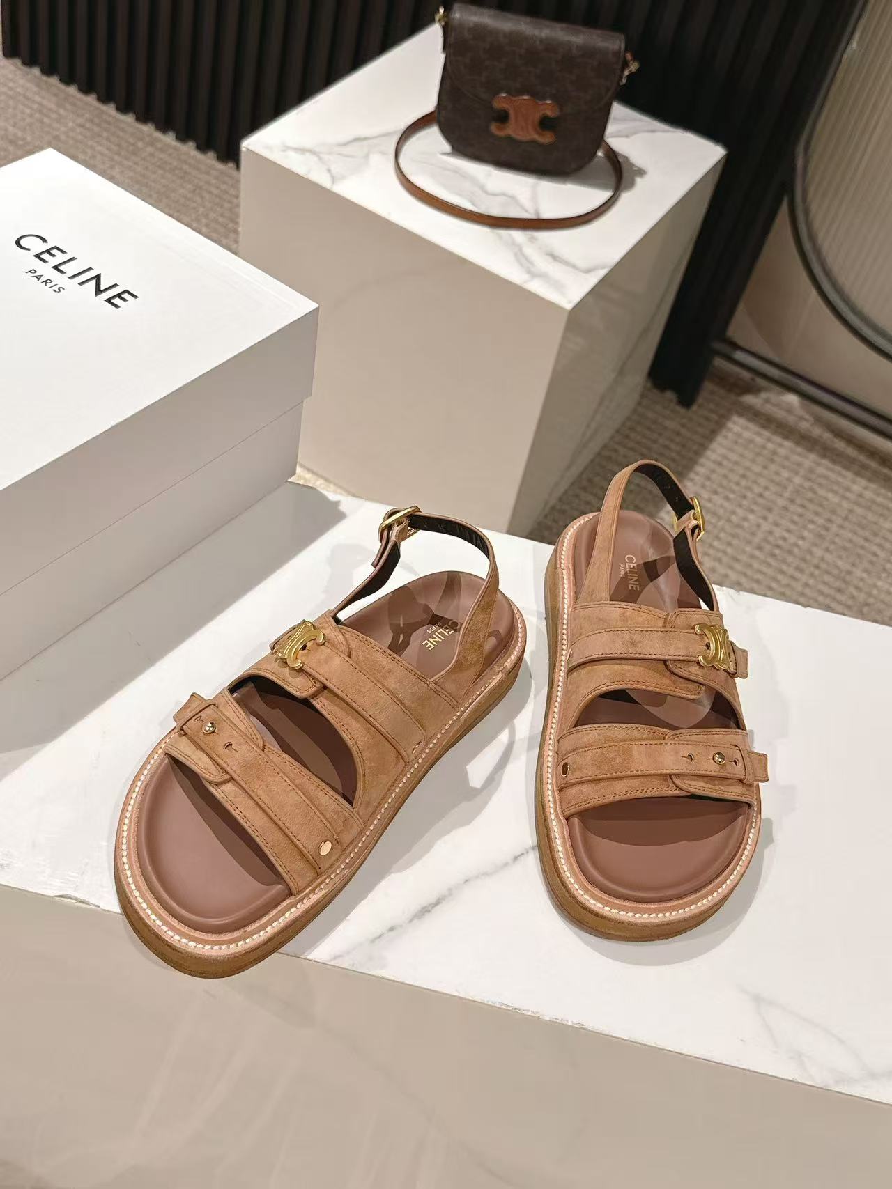 CELINE 25S TIPPI TRIOMPHE SANDAL IN BROWN CALFSKIN SUEDE - 35