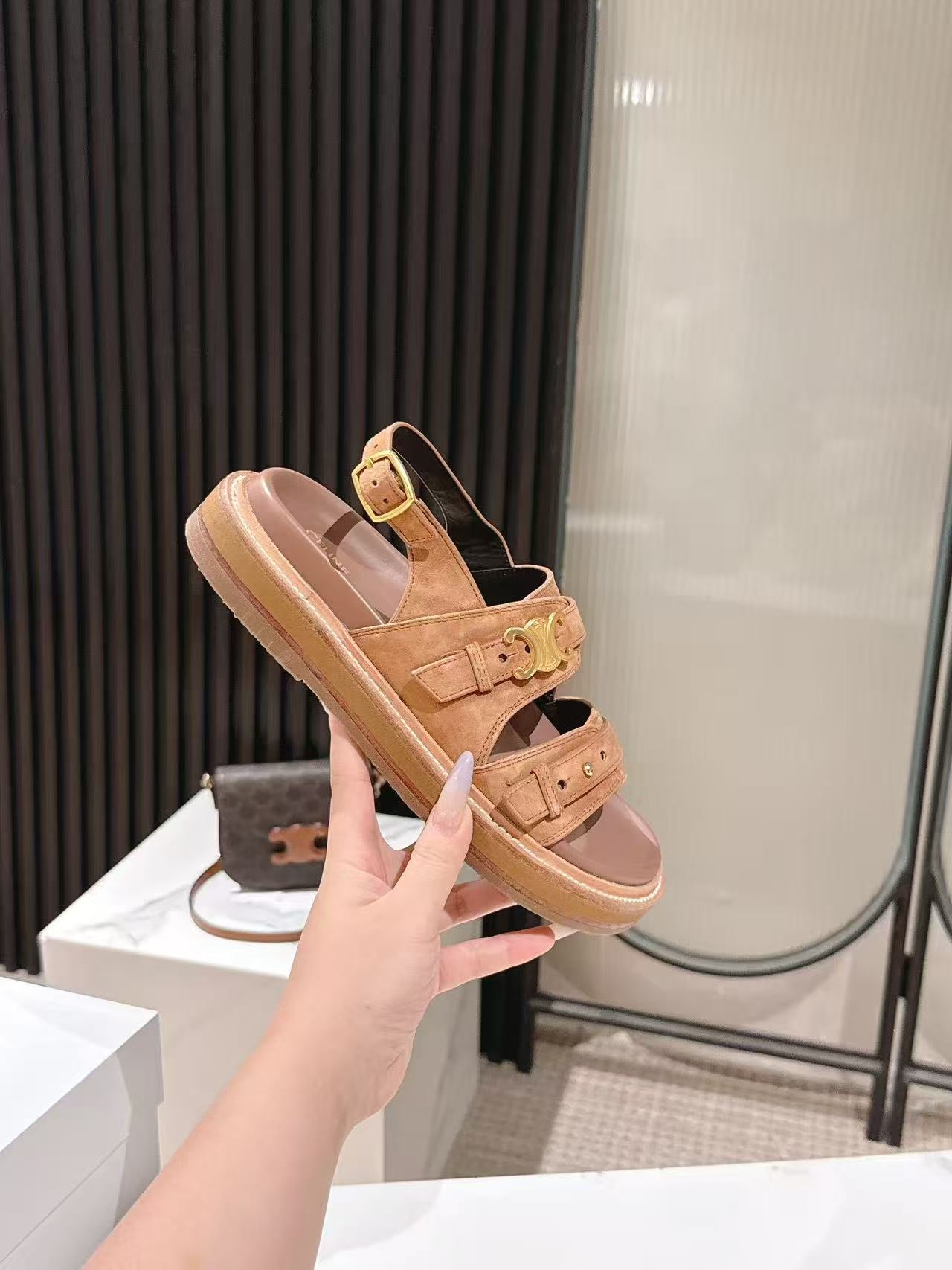 CELINE 25S TIPPI TRIOMPHE SANDAL IN BROWN CALFSKIN SUEDE - 35
