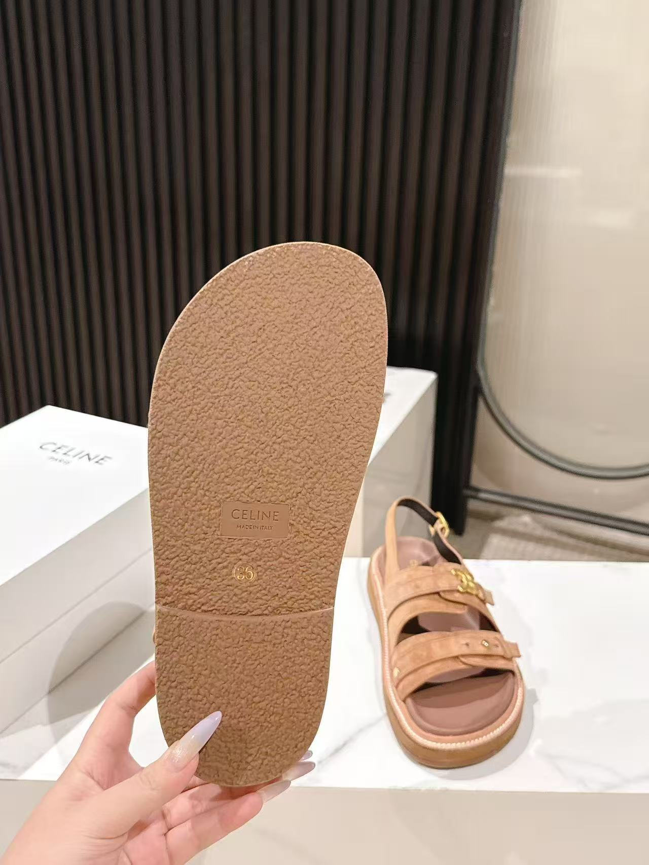 CELINE 25S TIPPI TRIOMPHE SANDAL IN BROWN CALFSKIN SUEDE - 35