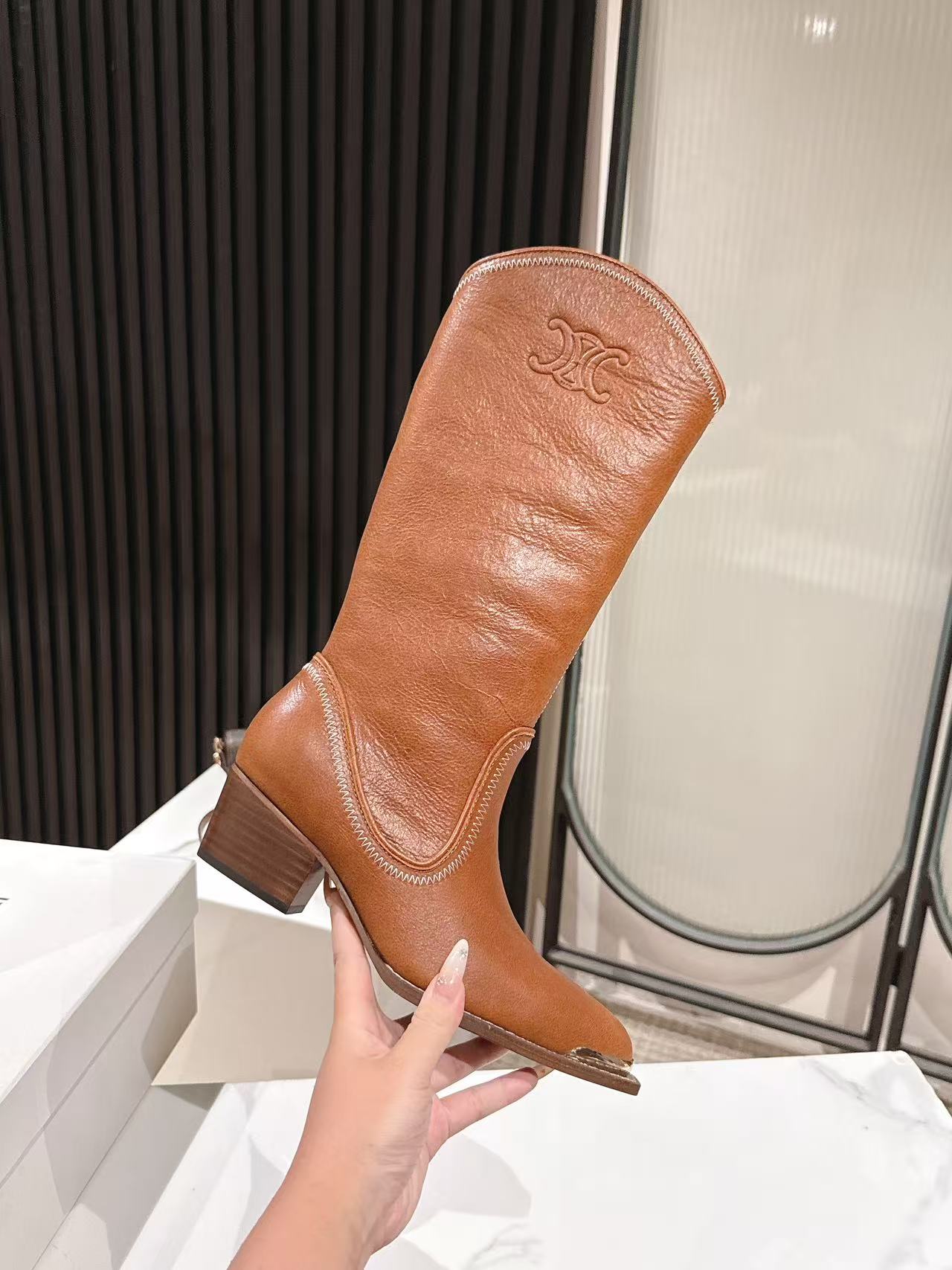 CELINE 25S HIGH BOOTS FOR FALL AND WINTER 45MM IN BURNT ORANGE CALFSKIN - 35