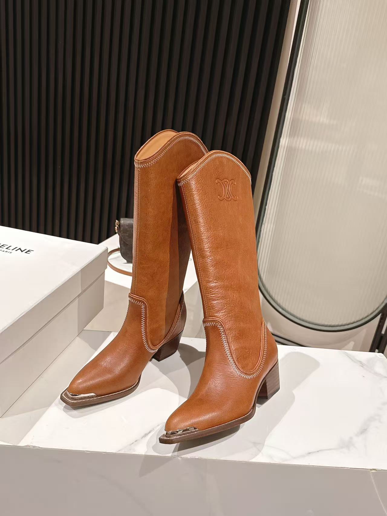 CELINE 25S HIGH BOOTS FOR FALL AND WINTER 45MM IN BURNT ORANGE CALFSKIN - 35