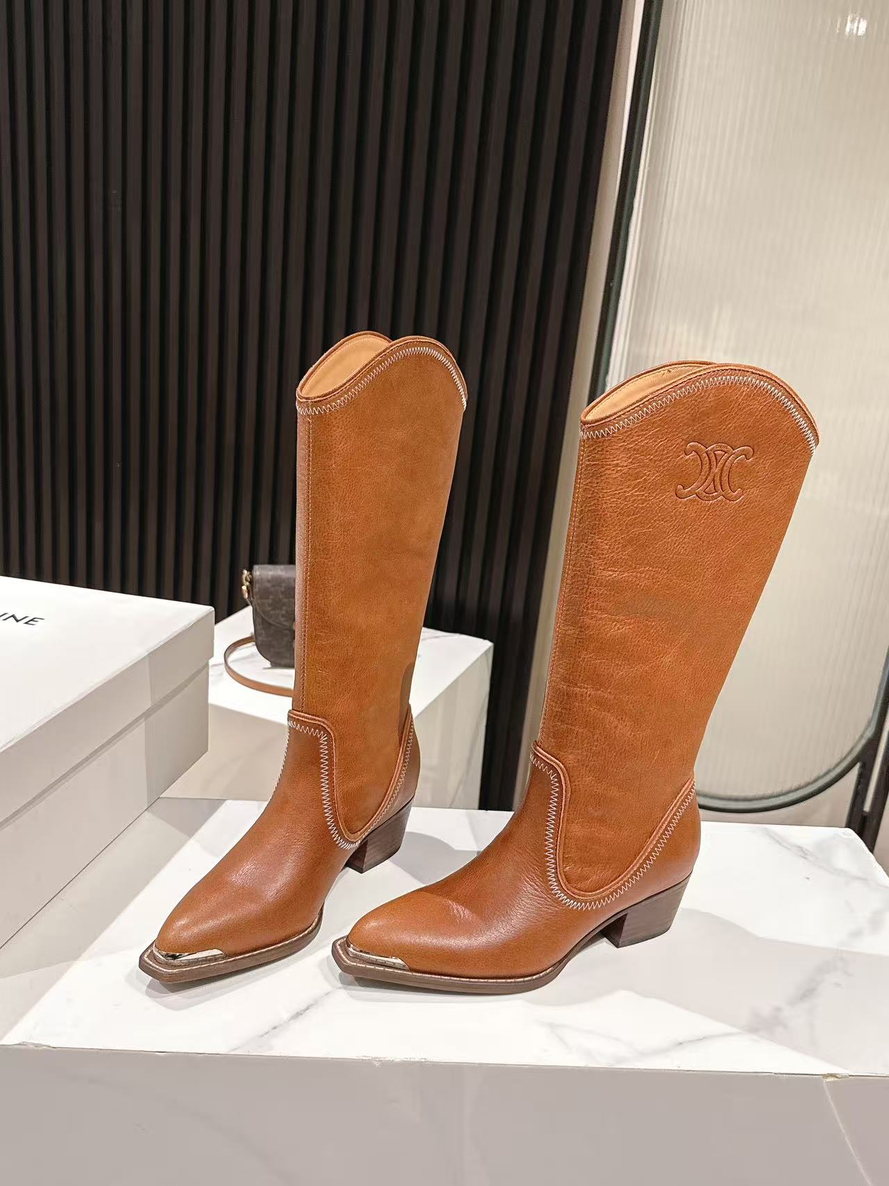 CELINE 25S HIGH BOOTS FOR FALL AND WINTER 45MM IN BURNT ORANGE CALFSKIN - 35