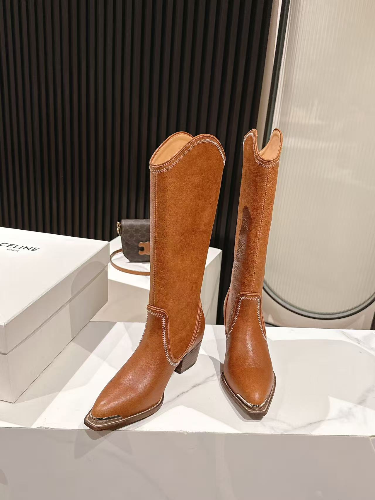 CELINE 25S HIGH BOOTS FOR FALL AND WINTER 45MM IN BURNT ORANGE CALFSKIN - 35