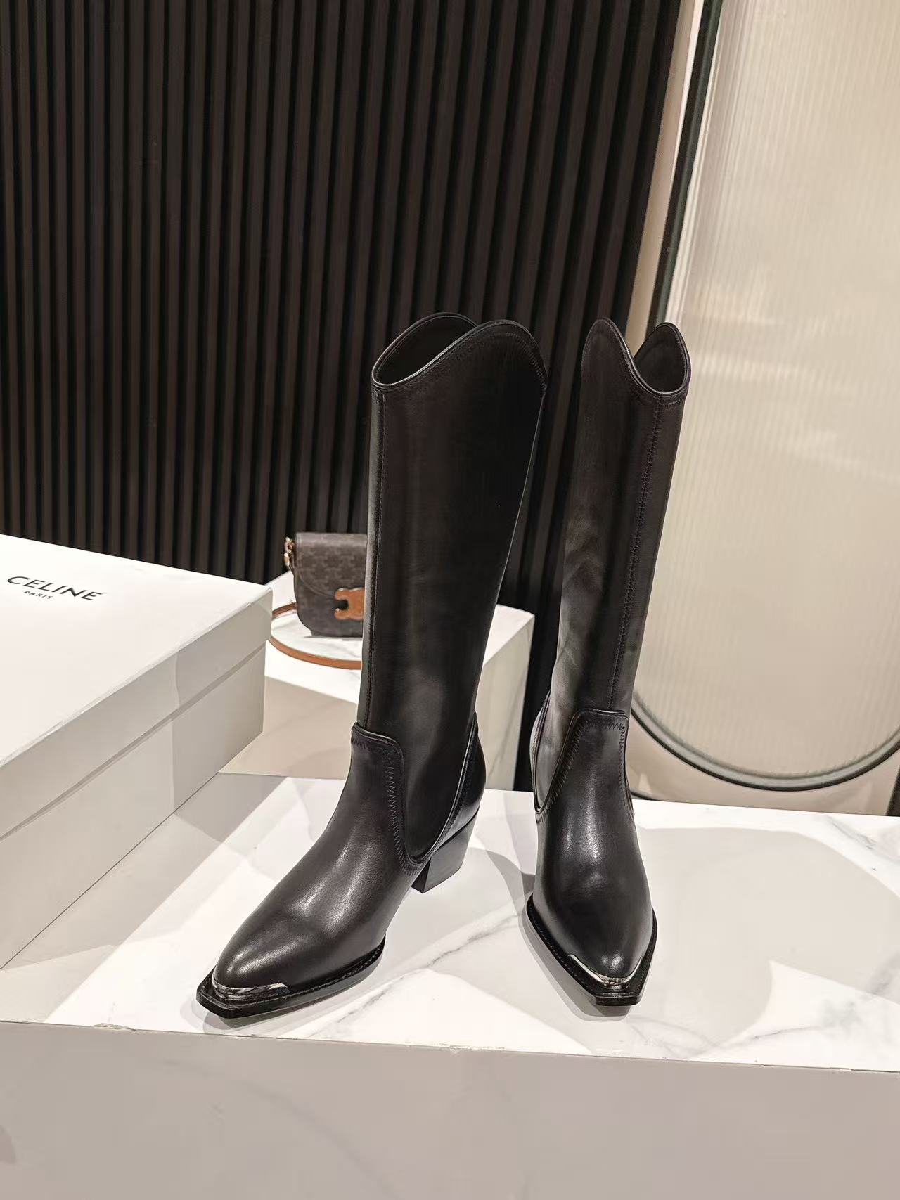 CELINE 25S HIGH BOOTS FOR FALL AND WINTER 45MM IN BLACK CALFSKIN - 35