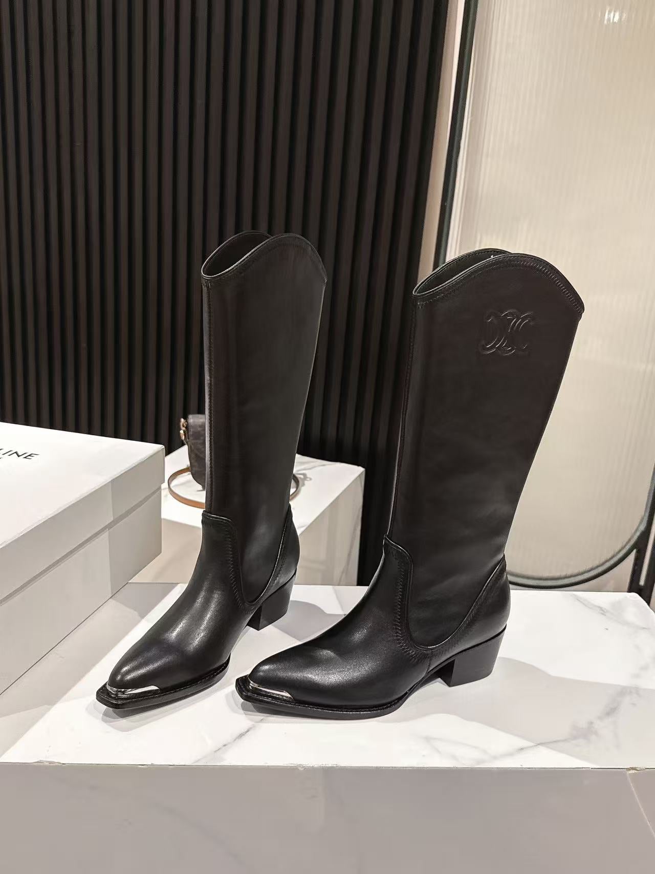CELINE 25S HIGH BOOTS FOR FALL AND WINTER 45MM IN BLACK CALFSKIN - 35
