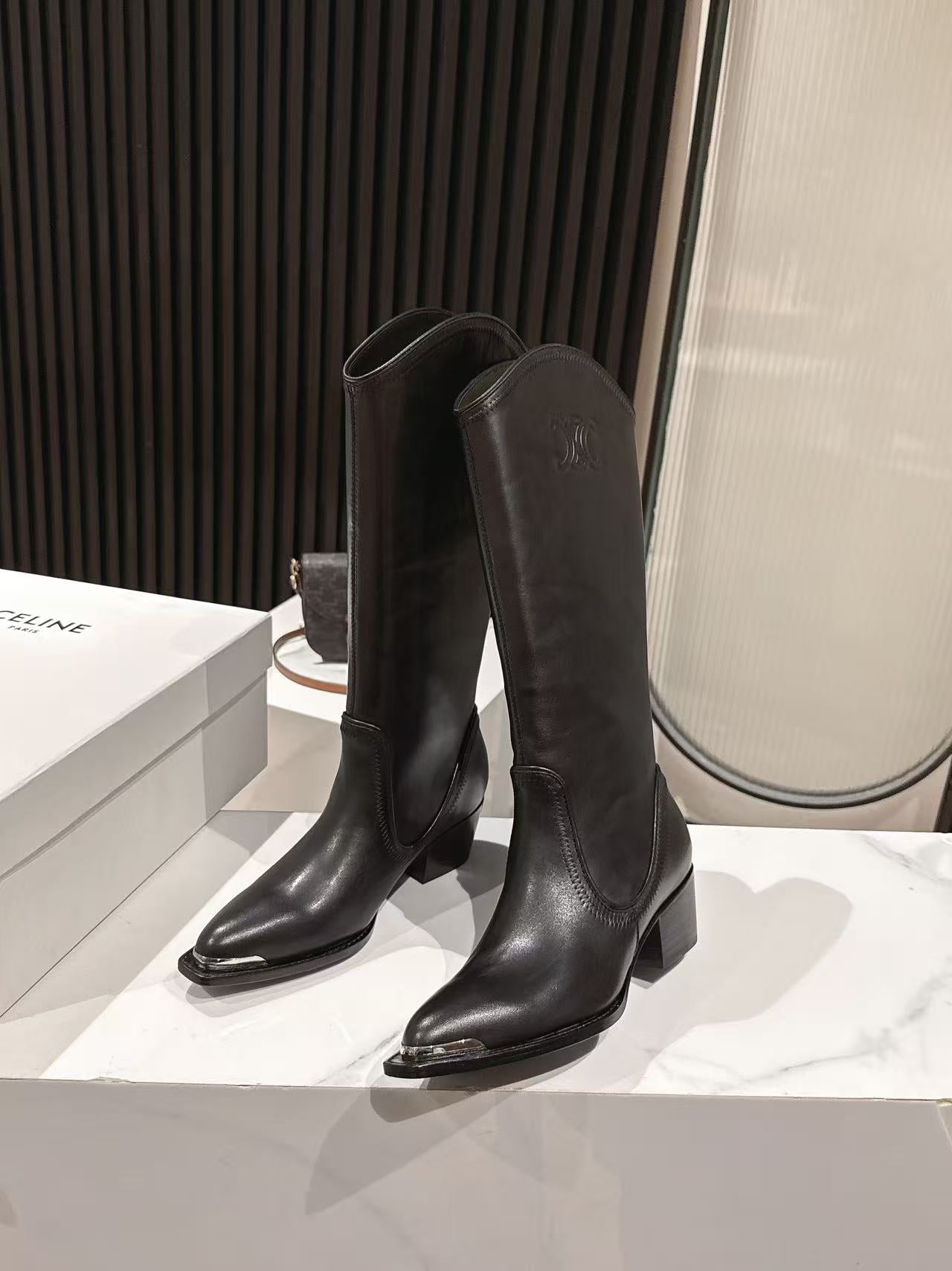 CELINE 25S HIGH BOOTS FOR FALL AND WINTER 45MM IN BLACK CALFSKIN - 35