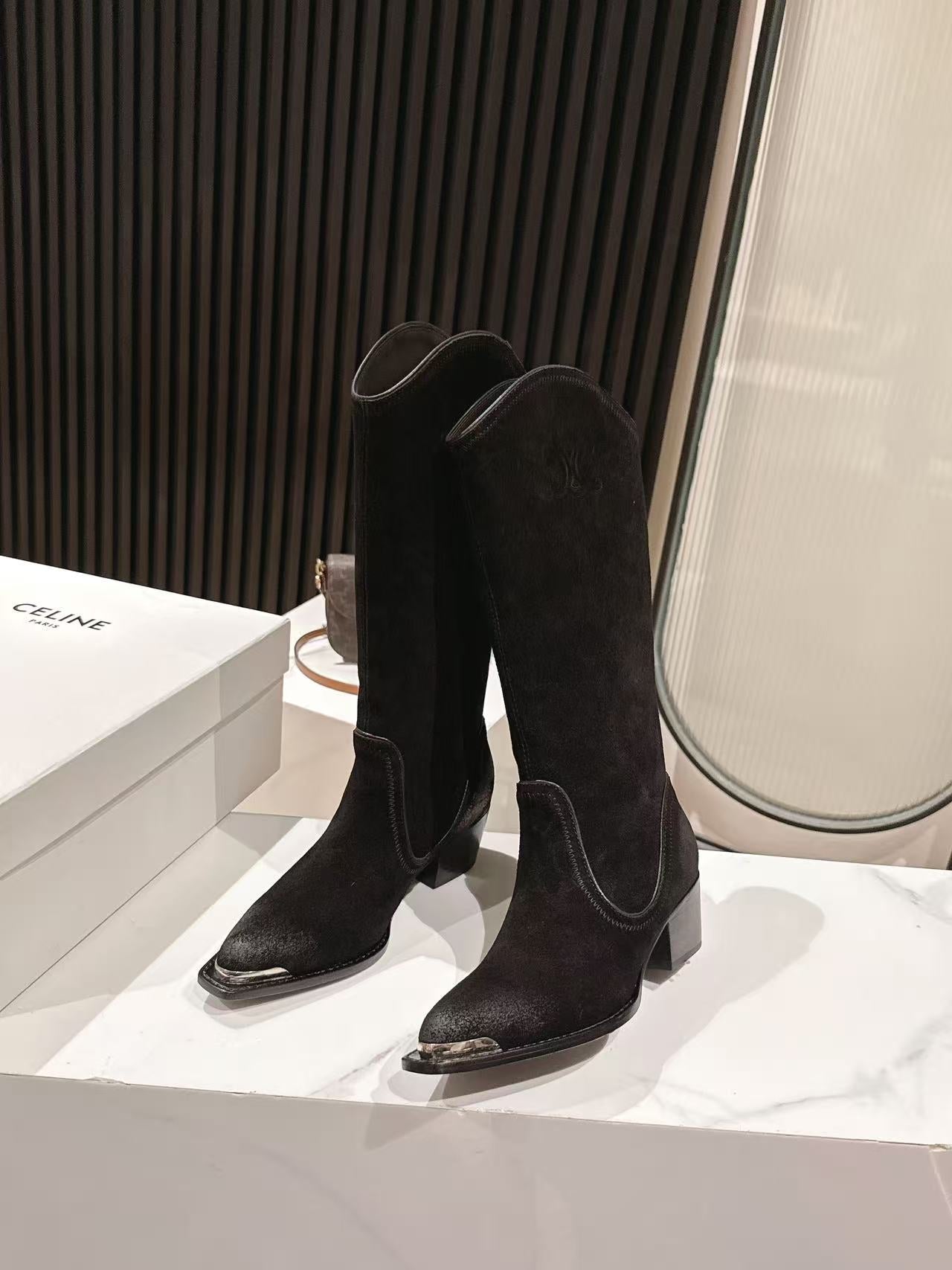 CELINE 25S HIGH BOOTS FOR FALL AND WINTER 45MM IN BLACK SUEDE - 35