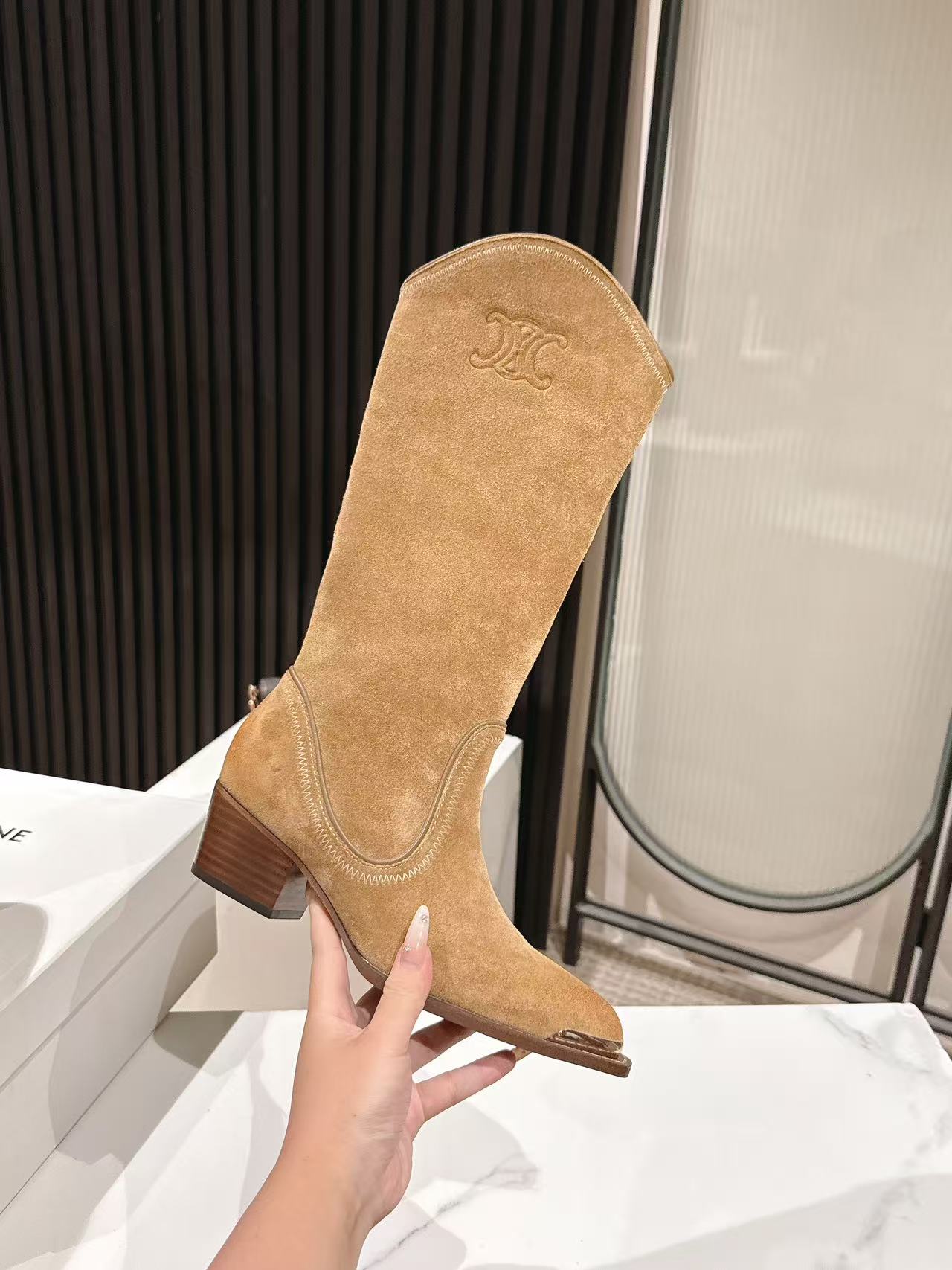 CELINE 25S HIGH BOOTS FOR FALL AND WINTER 45MM IN LIGHT BROWN SUEDE - 35