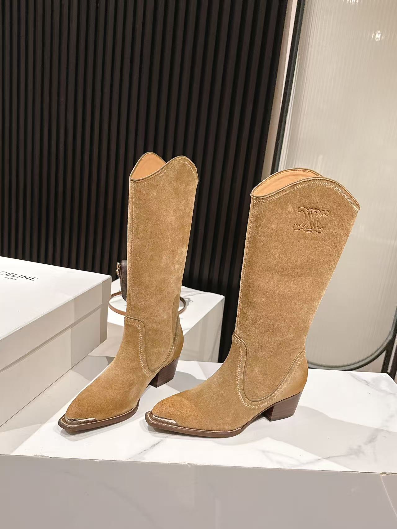 CELINE 25S HIGH BOOTS FOR FALL AND WINTER 45MM IN LIGHT BROWN SUEDE - 35