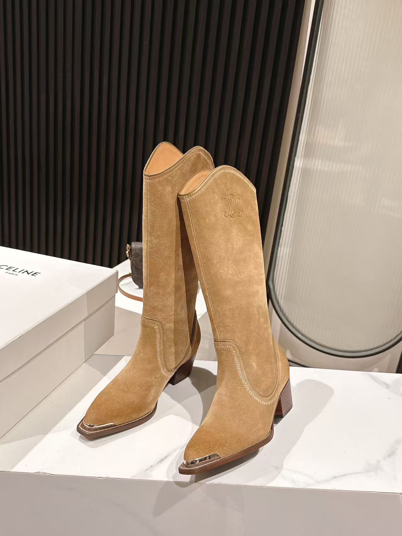 CELINE 25S HIGH BOOTS FOR FALL AND WINTER 45MM IN LIGHT BROWN SUEDE - 35