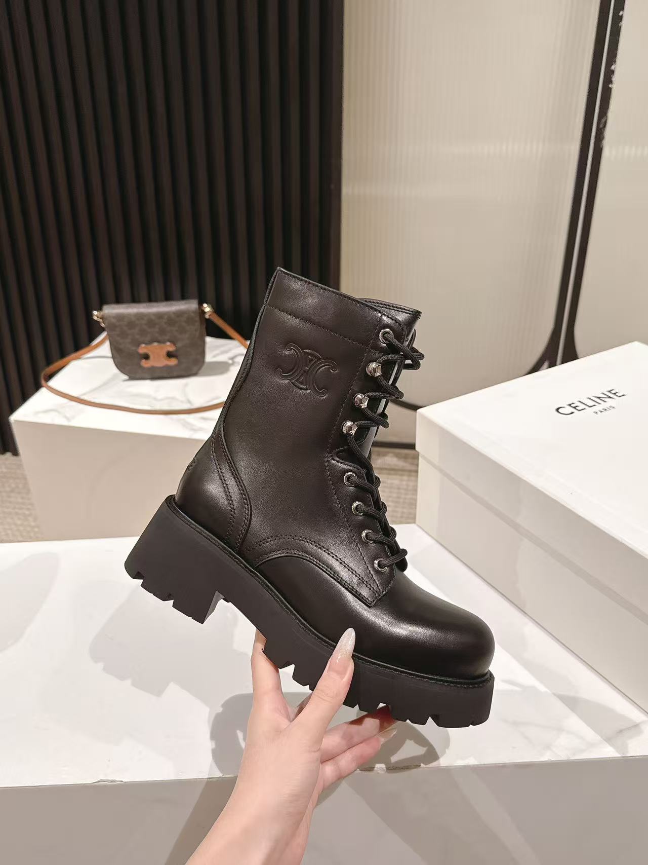 CELINE 25S HIGH HEELED LACE UP BOOTS 50MM IN BLACK CALFSKIN - 35