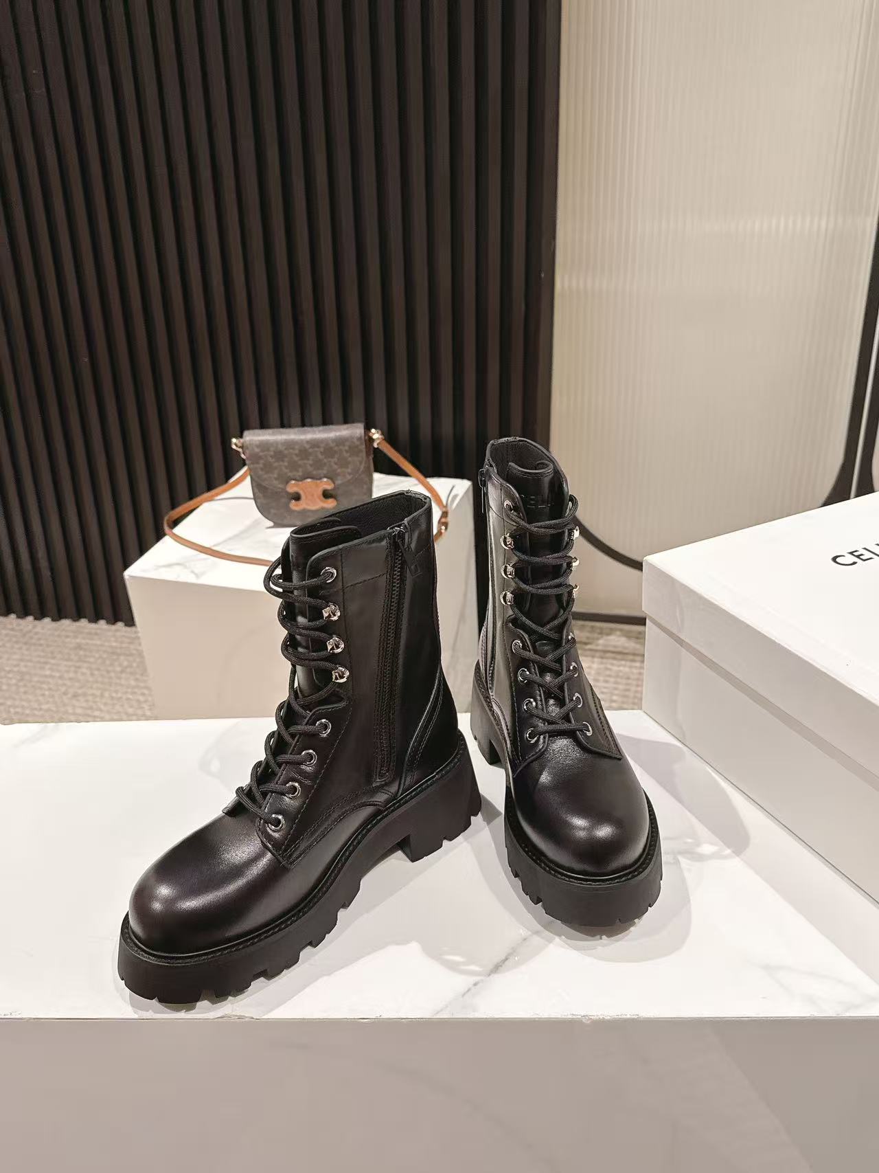 CELINE 25S HIGH HEELED LACE UP BOOTS 50MM IN BLACK CALFSKIN - 35