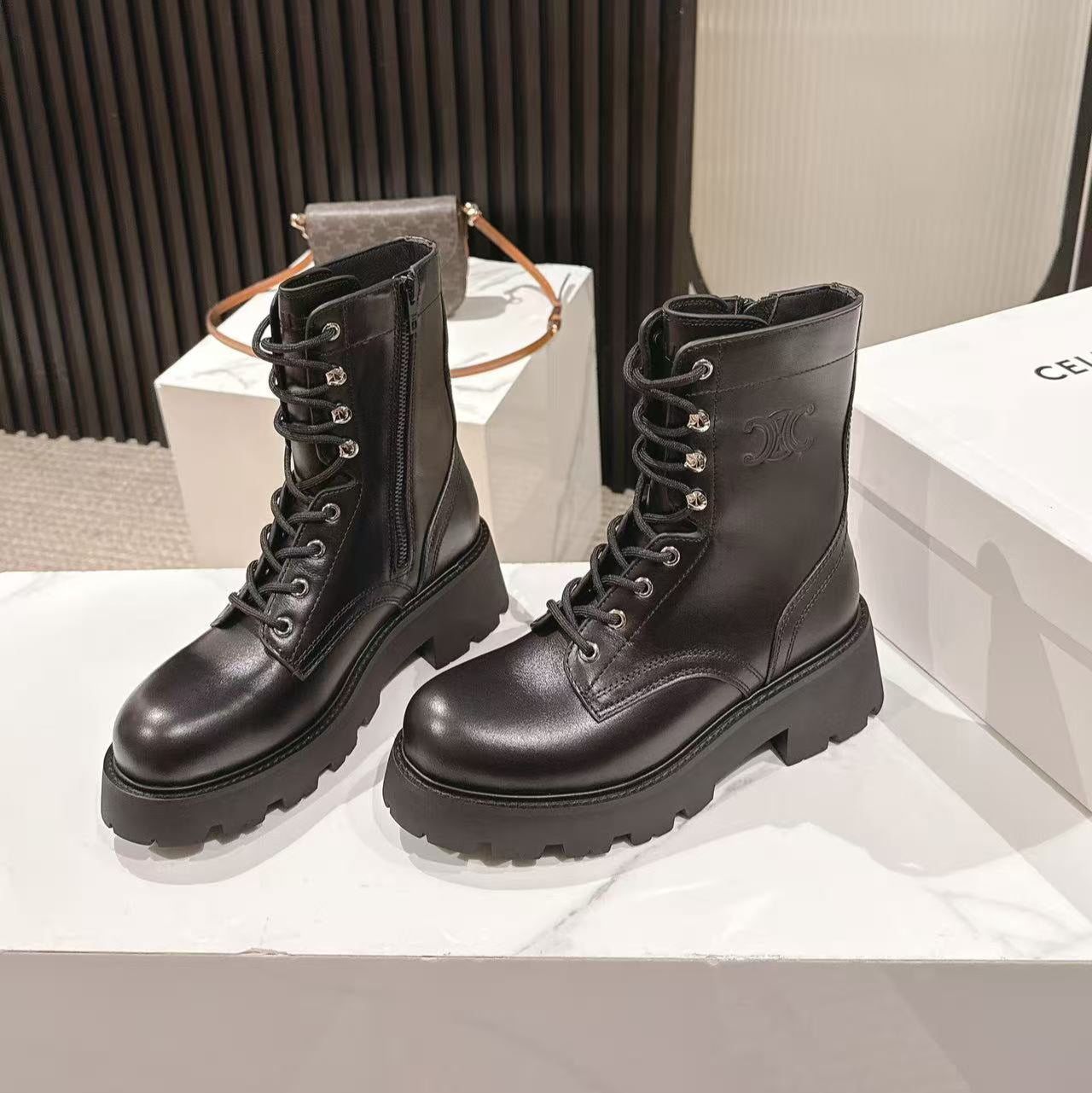 CELINE 25S HIGH HEELED LACE UP BOOTS 50MM IN BLACK CALFSKIN - 35