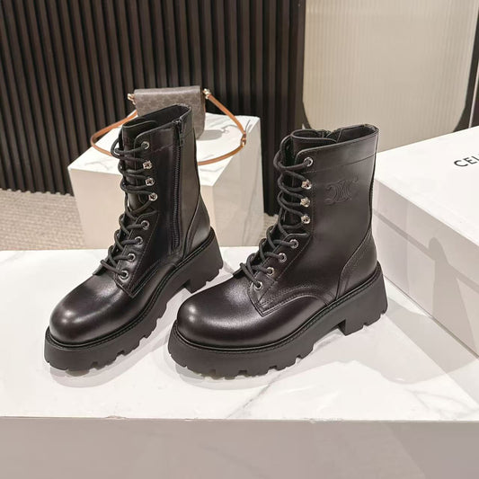 CELINE 25S HIGH HEELED LACE UP BOOTS 50MM IN BLACK CALFSKIN - 35