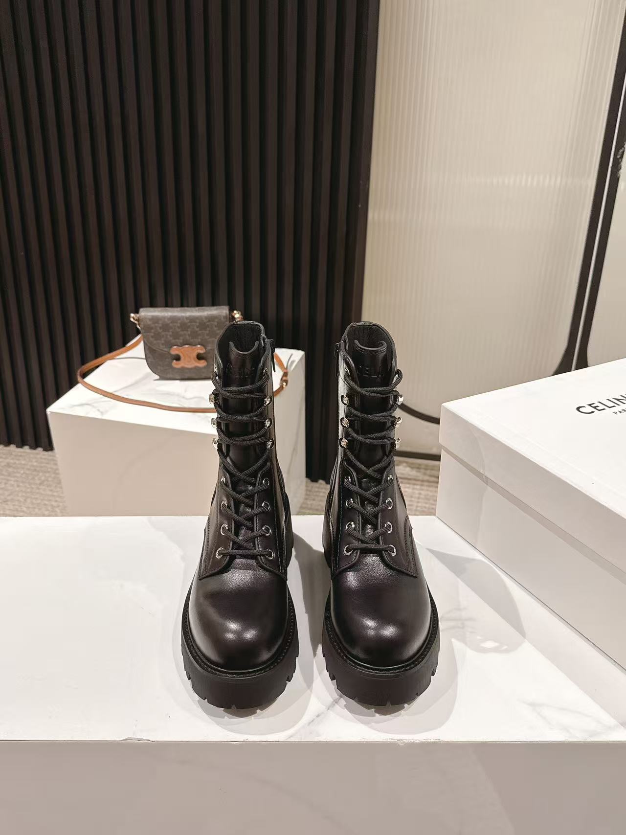 CELINE 25S HIGH HEELED LACE UP BOOTS 50MM IN BLACK CALFSKIN - 35