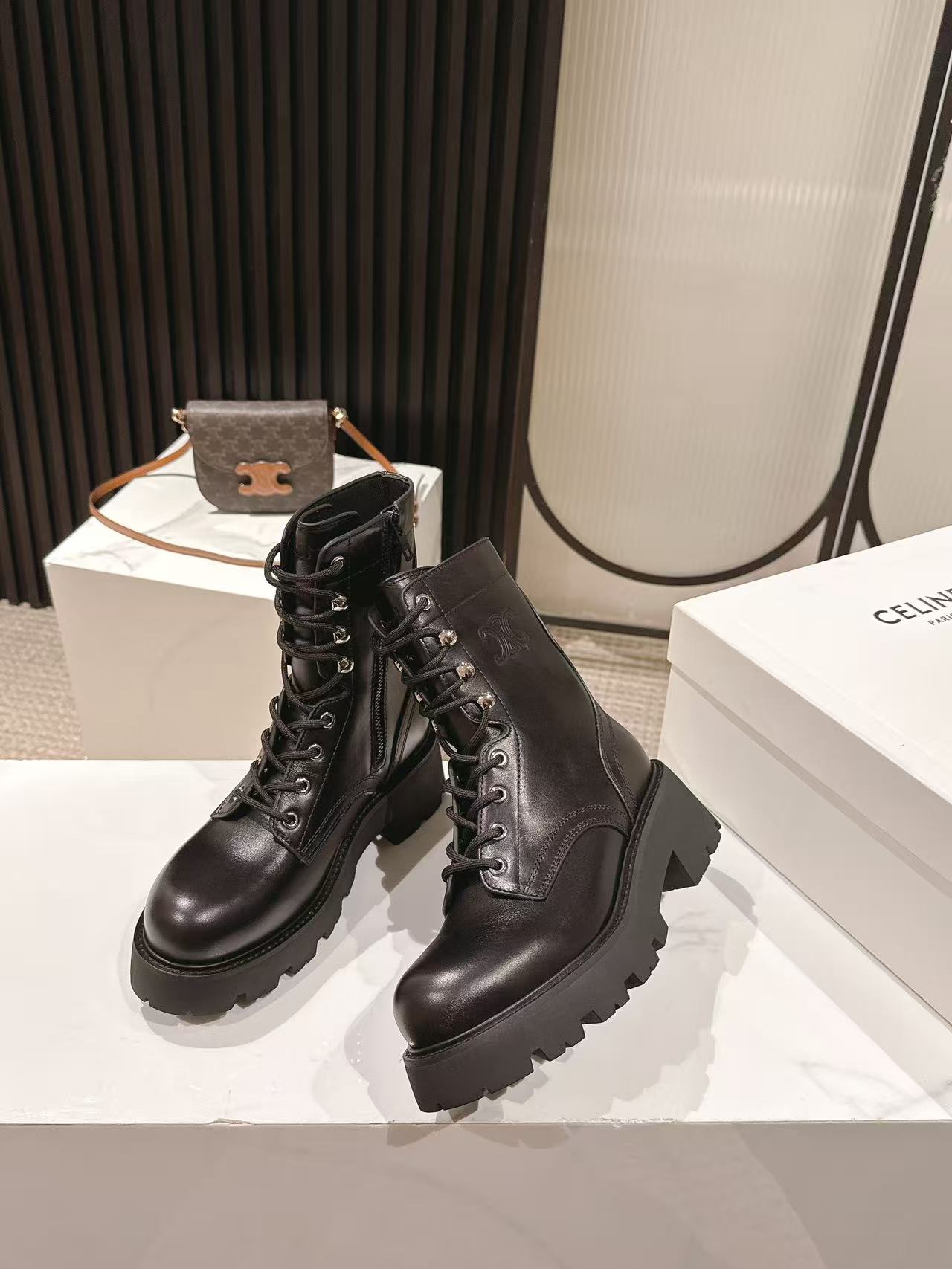 CELINE 25S HIGH HEELED LACE UP BOOTS 50MM IN BLACK CALFSKIN - 35