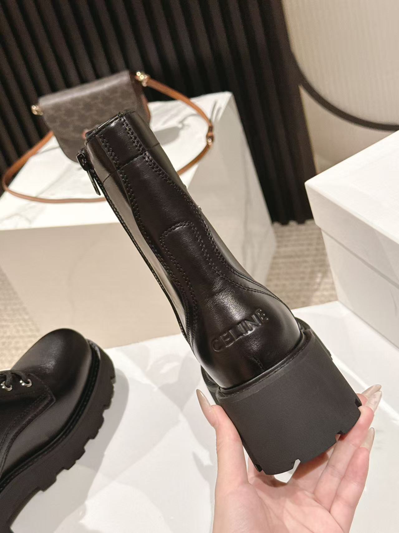 CELINE 25S HIGH HEELED LACE UP BOOTS 50MM IN BLACK CALFSKIN - 35