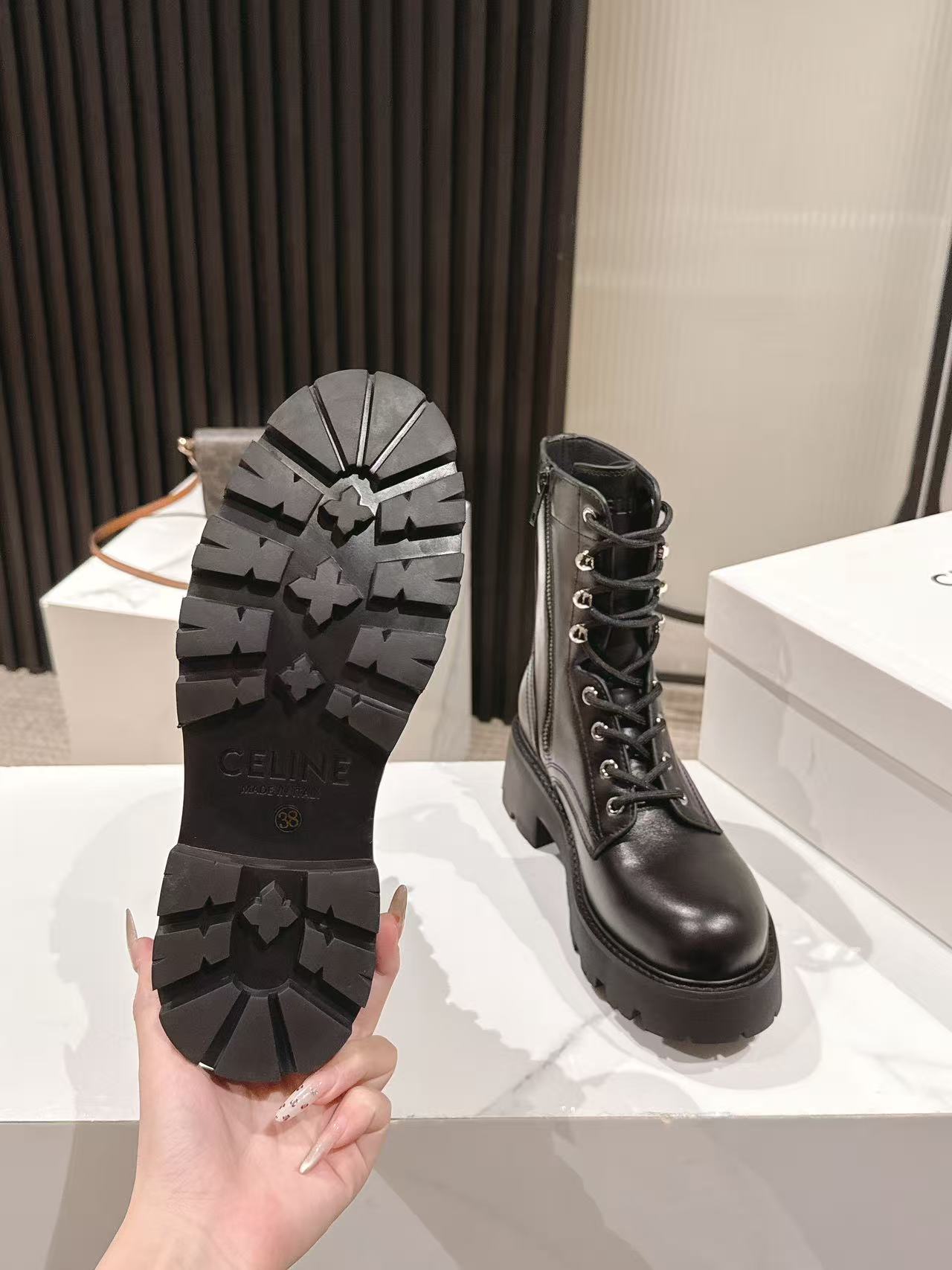 CELINE 25S HIGH HEELED LACE UP BOOTS 50MM IN BLACK CALFSKIN - 35