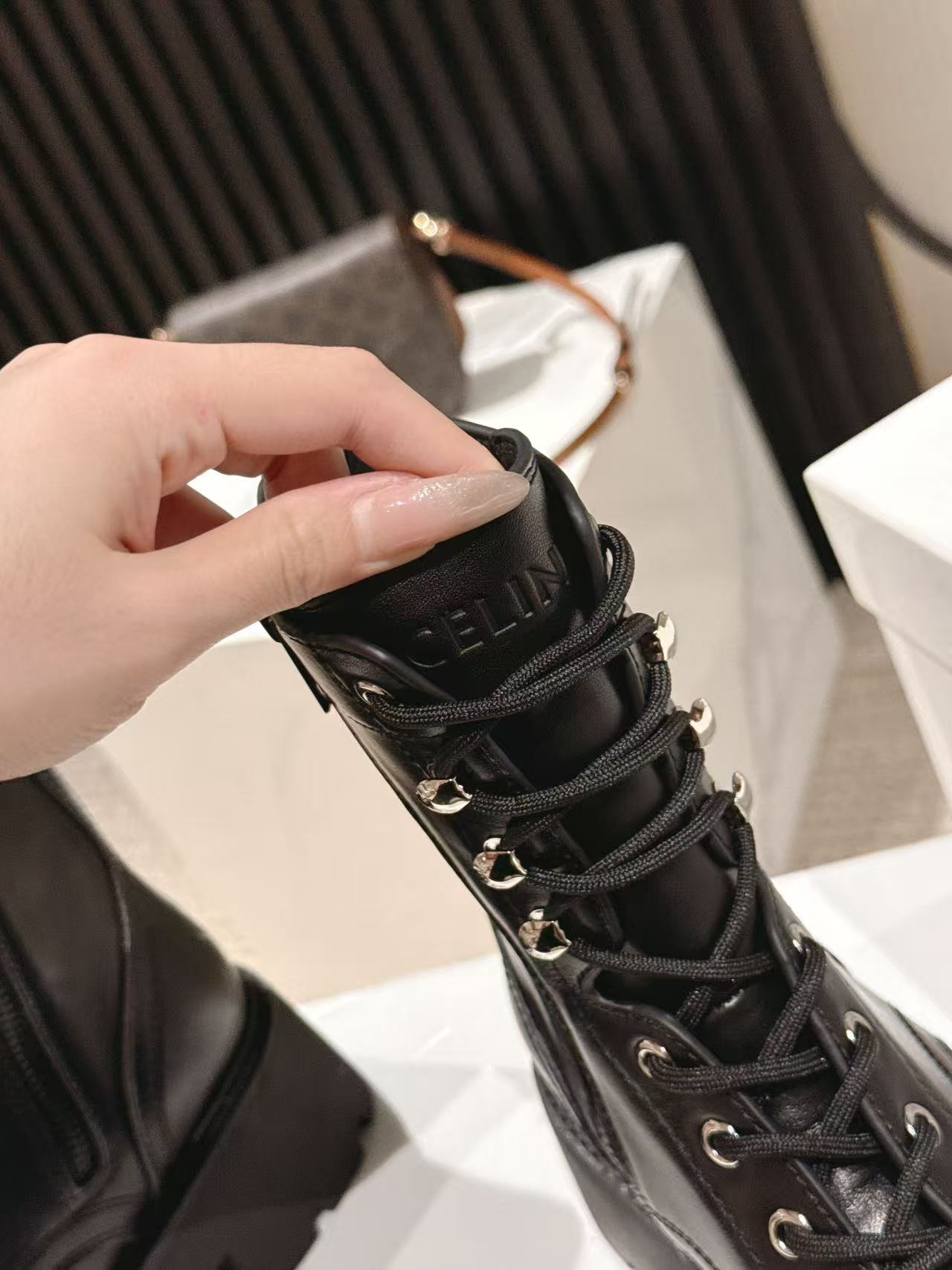 CELINE 25S HIGH HEELED LACE UP BOOTS 50MM IN BLACK CALFSKIN - 35