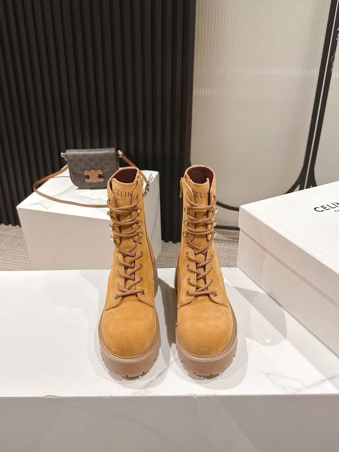 CELINE 25S HIGH HEELED LACE UP BOOTS 50MM IN DARK ORANGE SUEDE - 35
