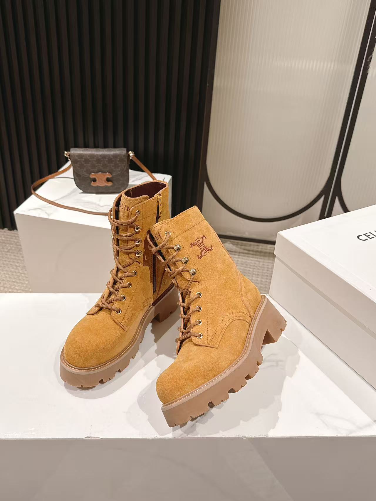 CELINE 25S HIGH HEELED LACE UP BOOTS 50MM IN DARK ORANGE SUEDE - 35