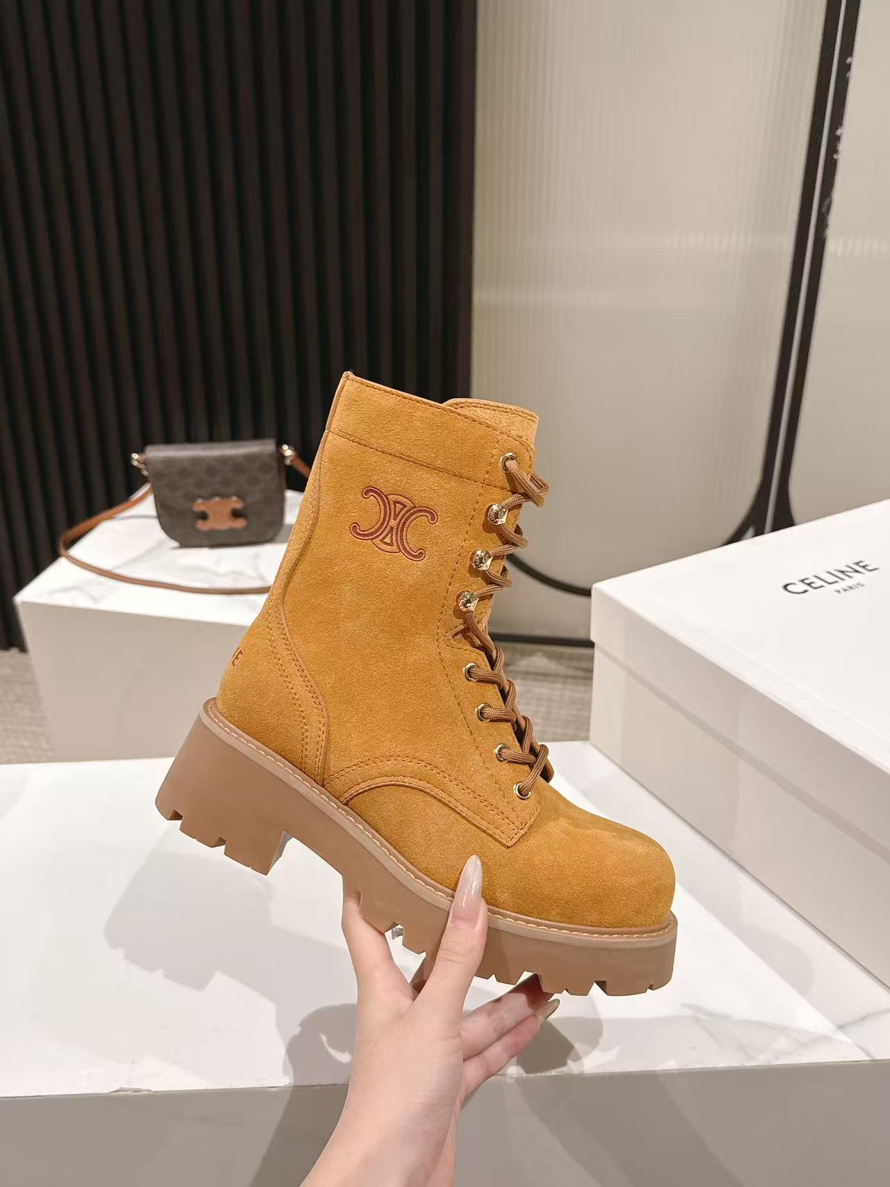 CELINE 25S HIGH HEELED LACE UP BOOTS 50MM IN DARK ORANGE SUEDE - 35