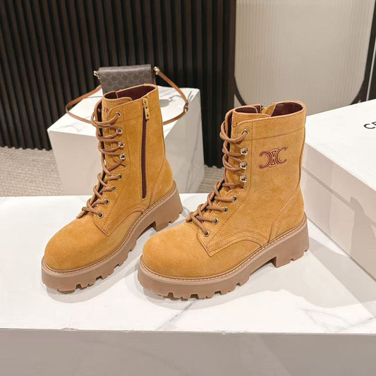 CELINE 25S HIGH HEELED LACE UP BOOTS 50MM IN DARK ORANGE SUEDE - 35