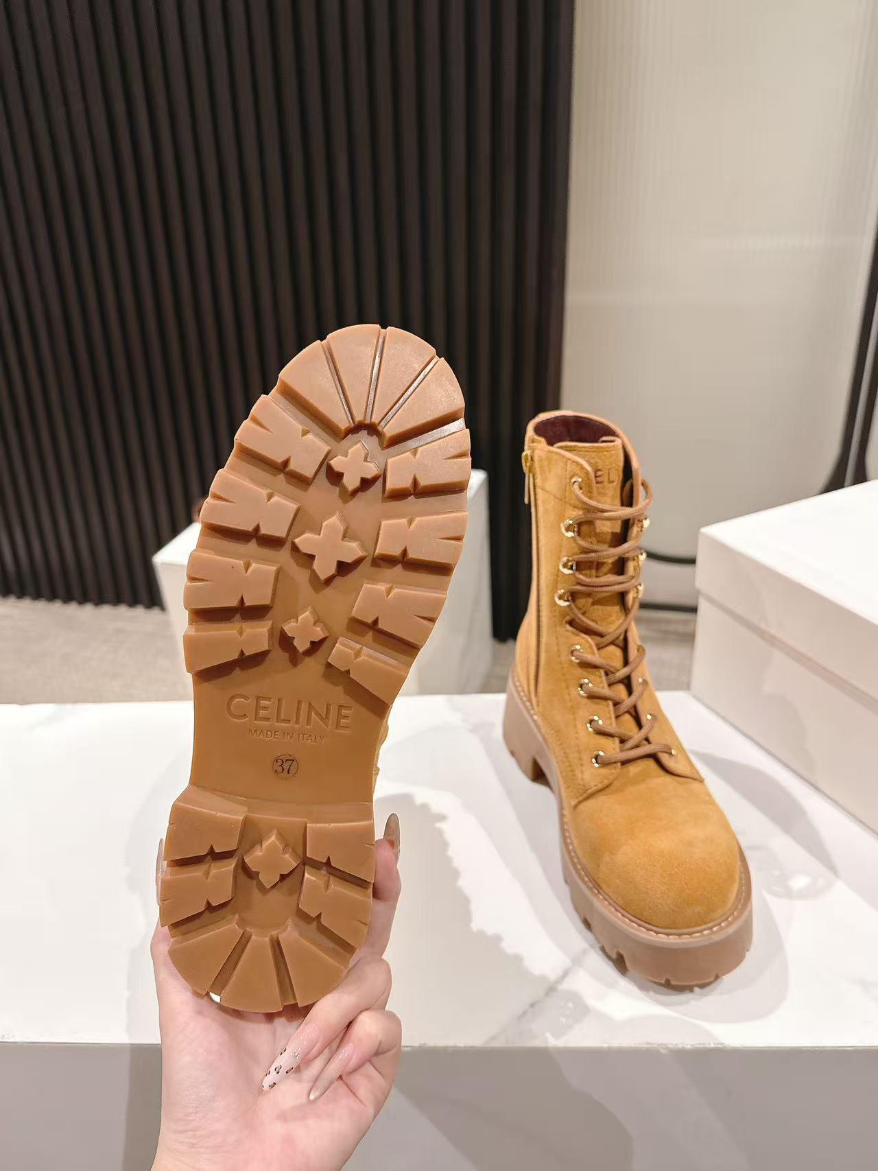 CELINE 25S HIGH HEELED LACE UP BOOTS 50MM IN DARK ORANGE SUEDE - 35